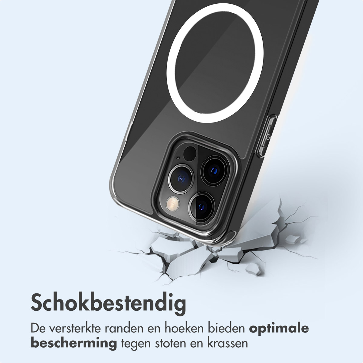 Coque transparente sur un téléphone. Texte en bas. La coque brise la surface.