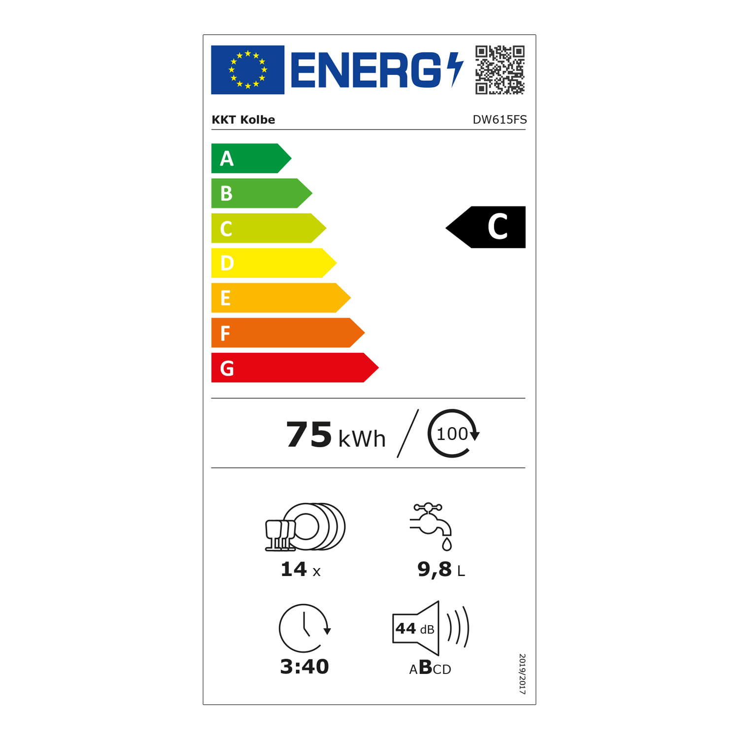 Energielabel für einen Geschirrspüler, das Energieeffizienz, Wasserverbrauch und Geräuschpegel zeigt.