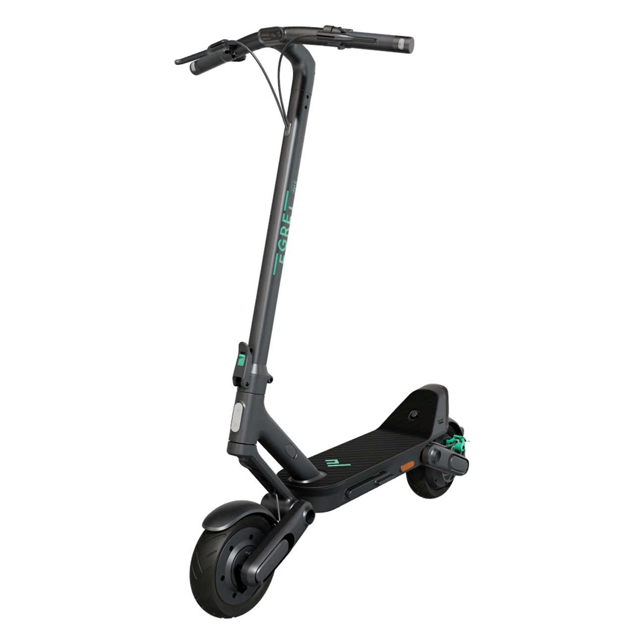 Uno scooter elettrico grigio scuro su sfondo bianco.