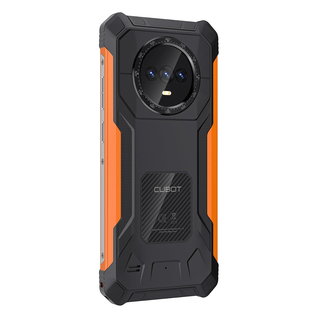 Czarny i pomarańczowy wytrzymały smartfon. Posiada potrójne aparaty i logo Cubot.