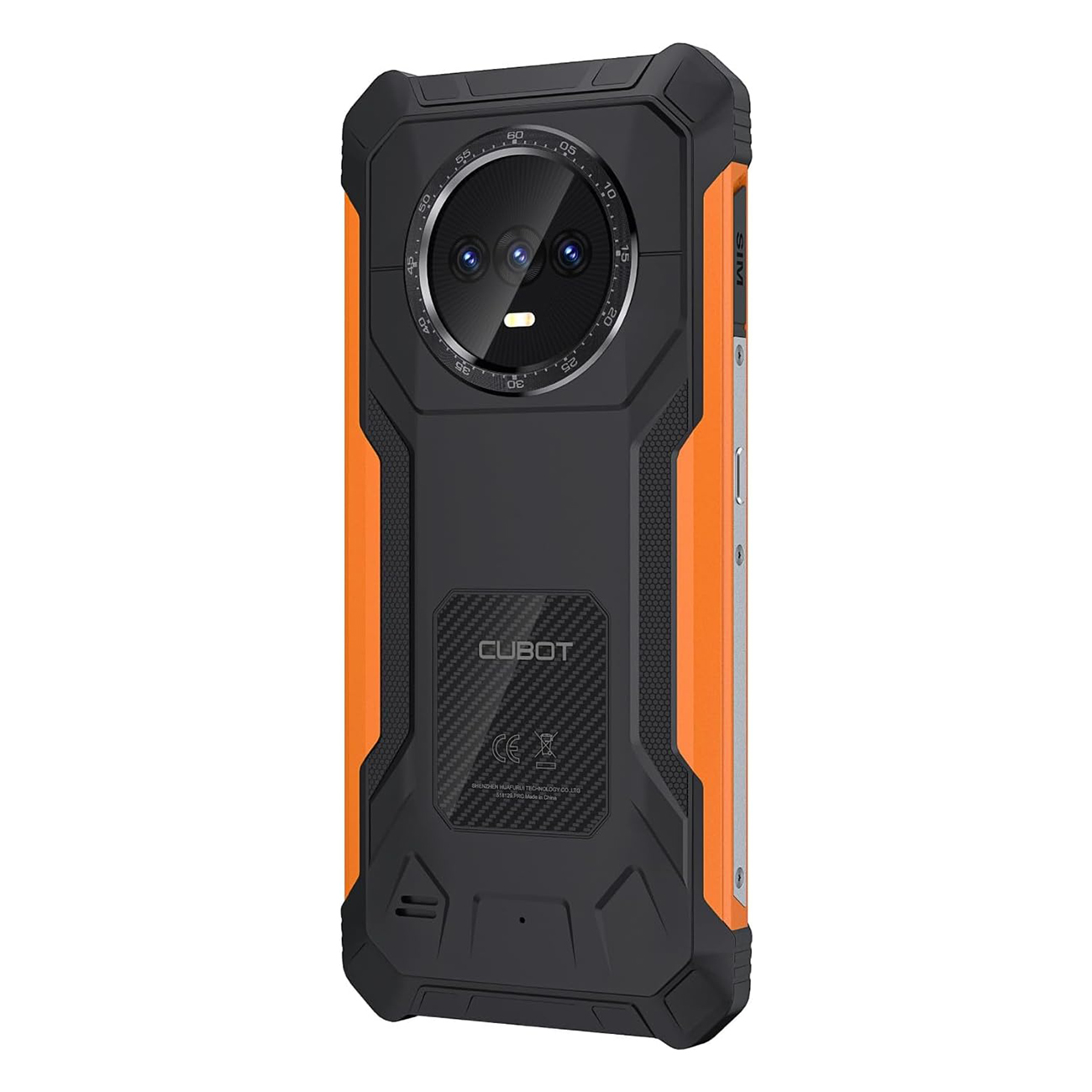 Tył wytrzymałego smartfona. Czarny i pomarańczowy, z wieloma aparatami i czujnikiem linii papilarnych.