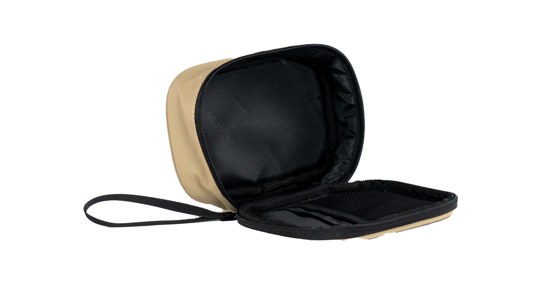 Maleta de viaje beige abierta con interior negro, asa y compartimento abierto.
