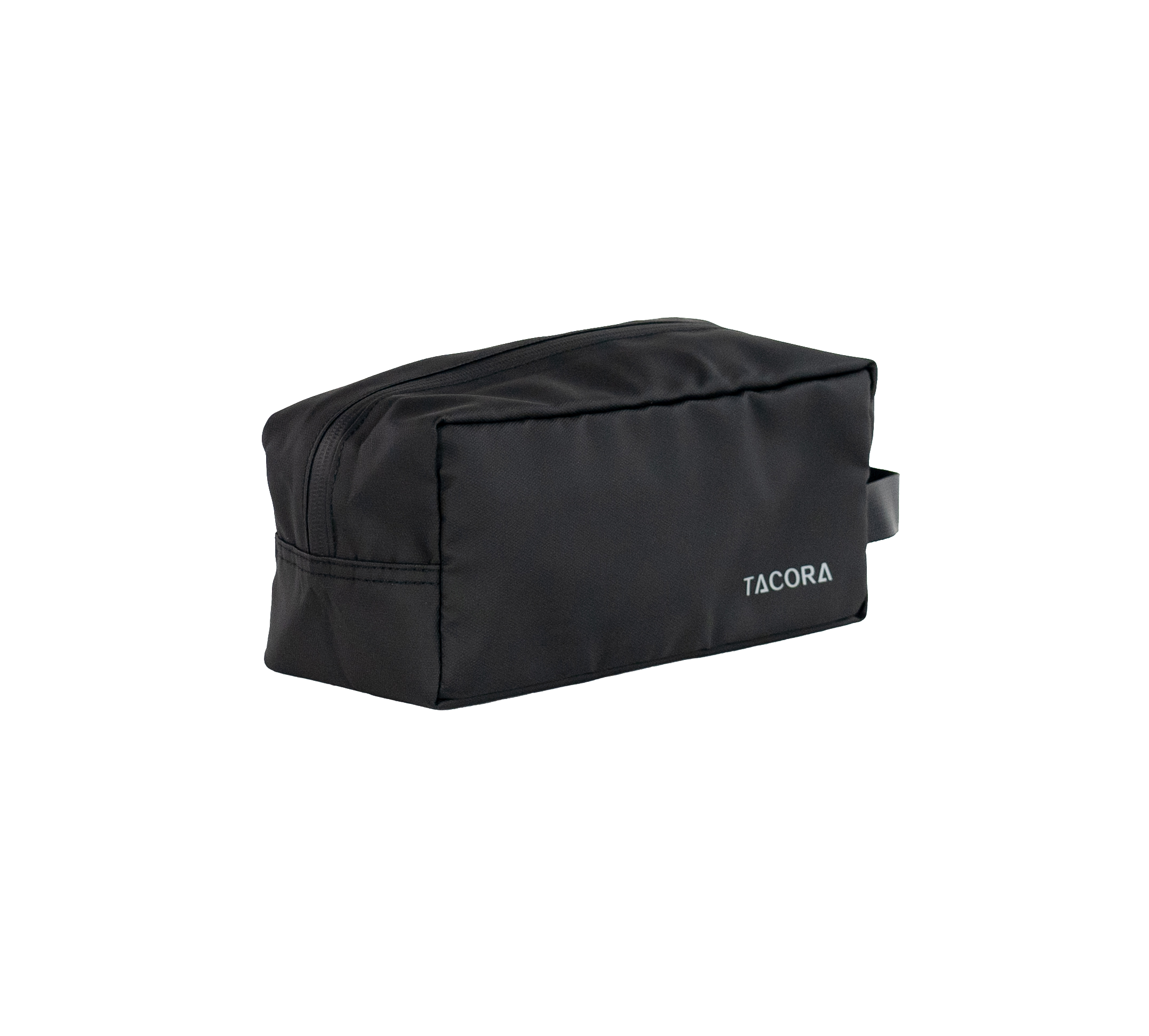 Bolsa de viaje Tacora negra con cremallera sobre fondo negro.