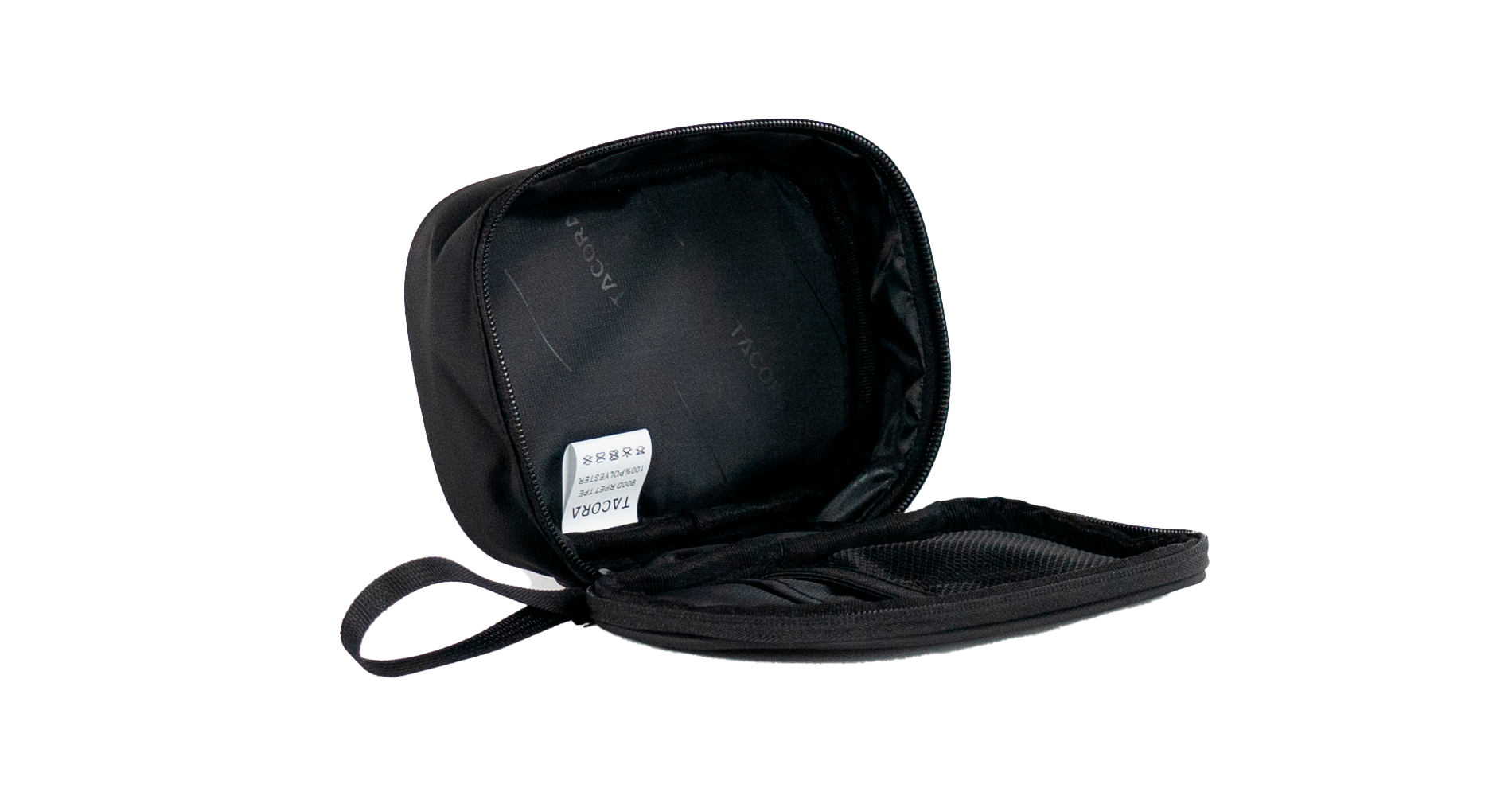 Bolsa de cosméticos negra abierta, con el interior visible. Fondo blanco.