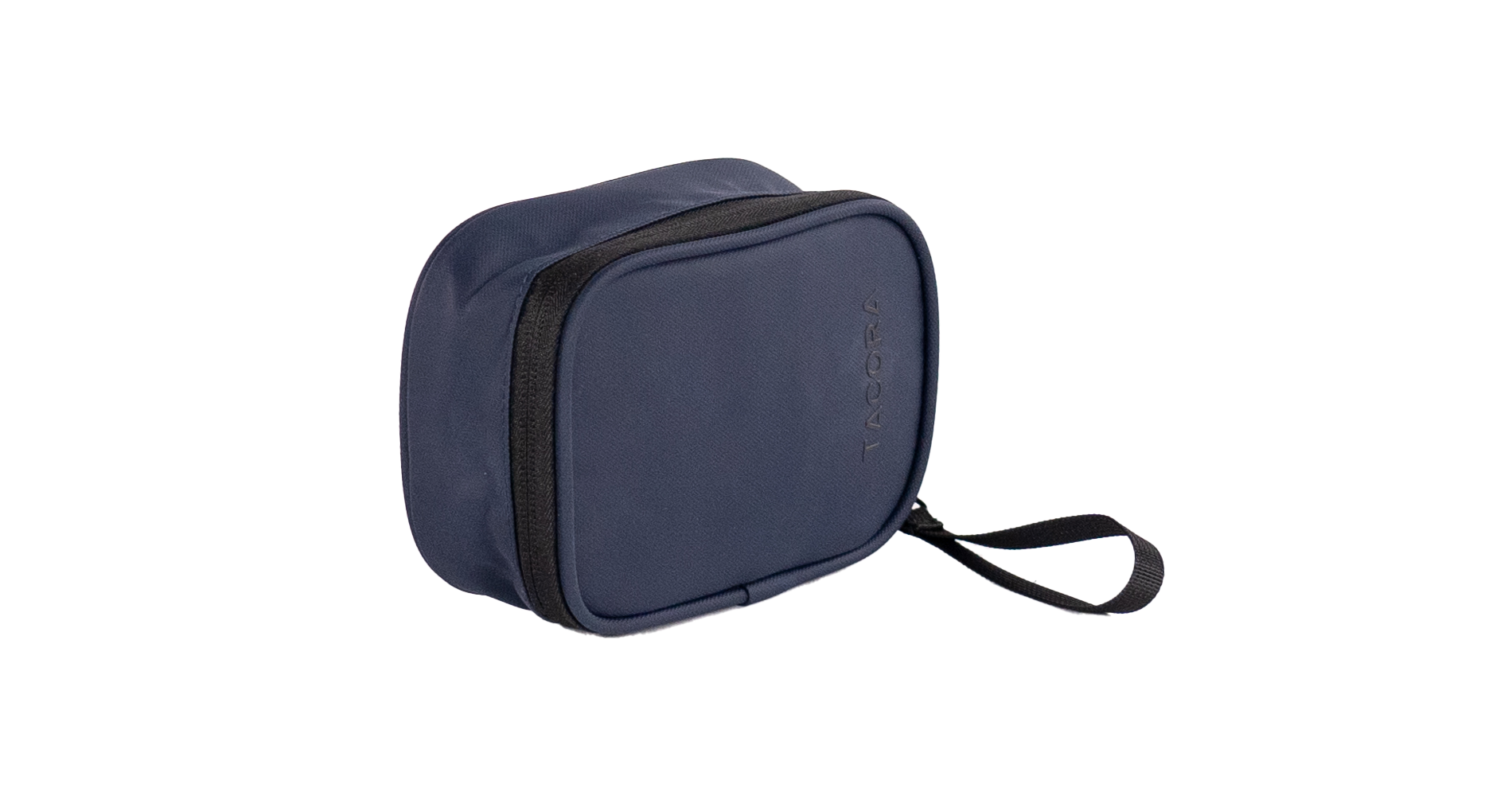 Bolsa de viaje rectangular azul marino con cremallera y asa negras, sobre fondo negro.