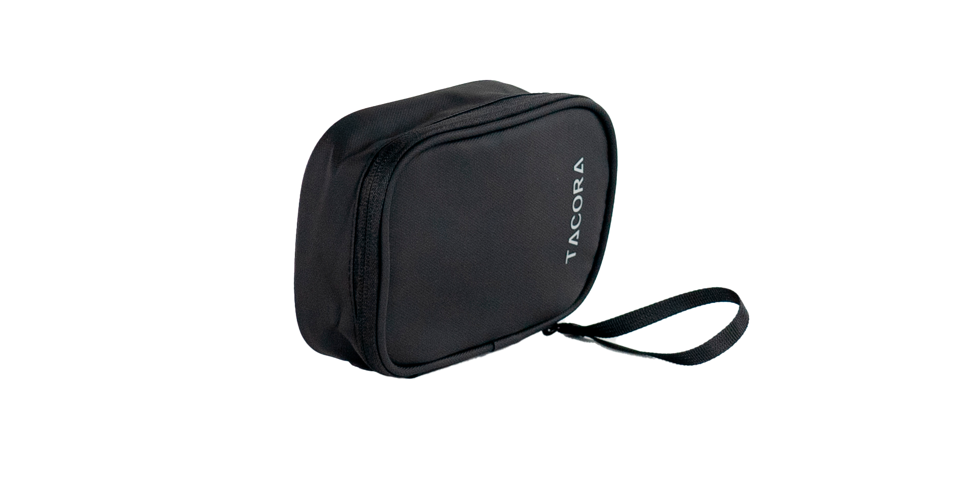 Bolsa negra TACORA con cremallera y asa de lazo, aislada sobre fondo negro.