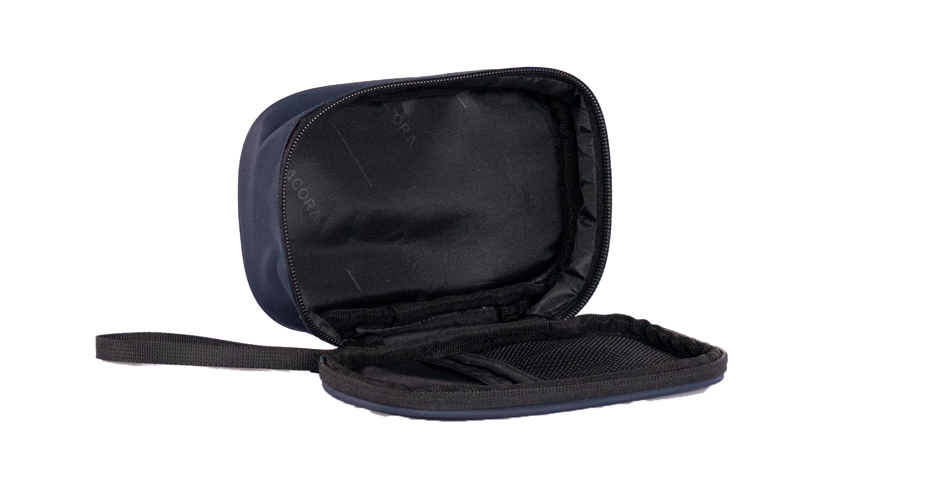 Estuche de viaje azul marino, abierto. Interior negro, cremallera y asa visibles.