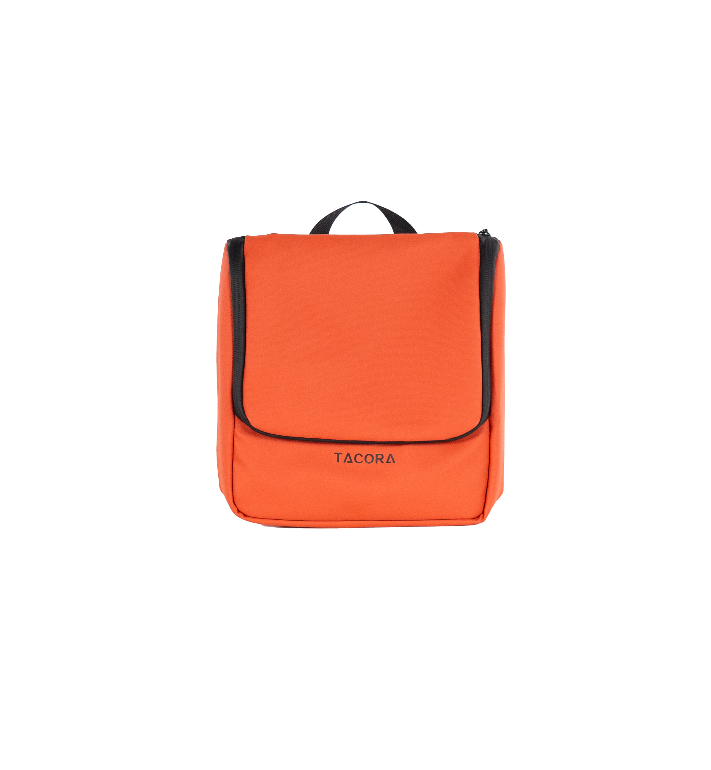 Bolsa de aseo Tacora naranja con ribete negro. Rectangular y con asa arriba.