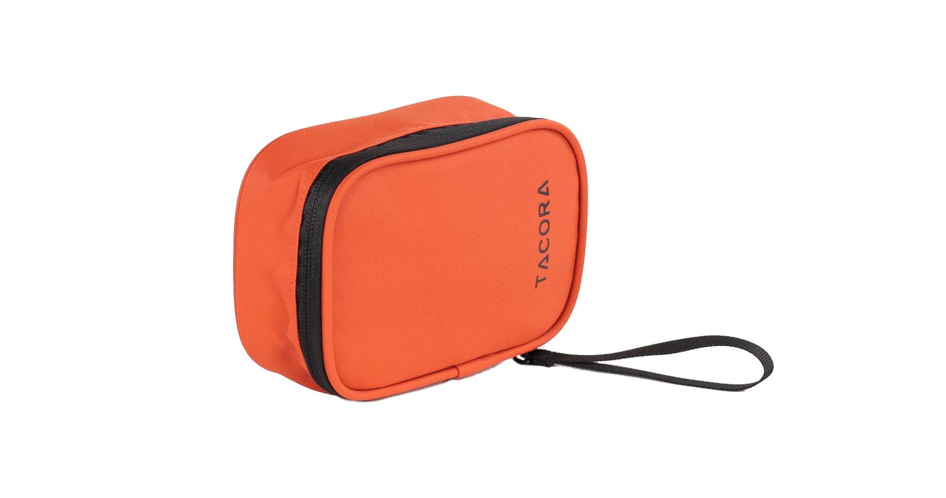 Bolsa de viaje rectangular naranja con cremallera y asa negras. Fondo negro.