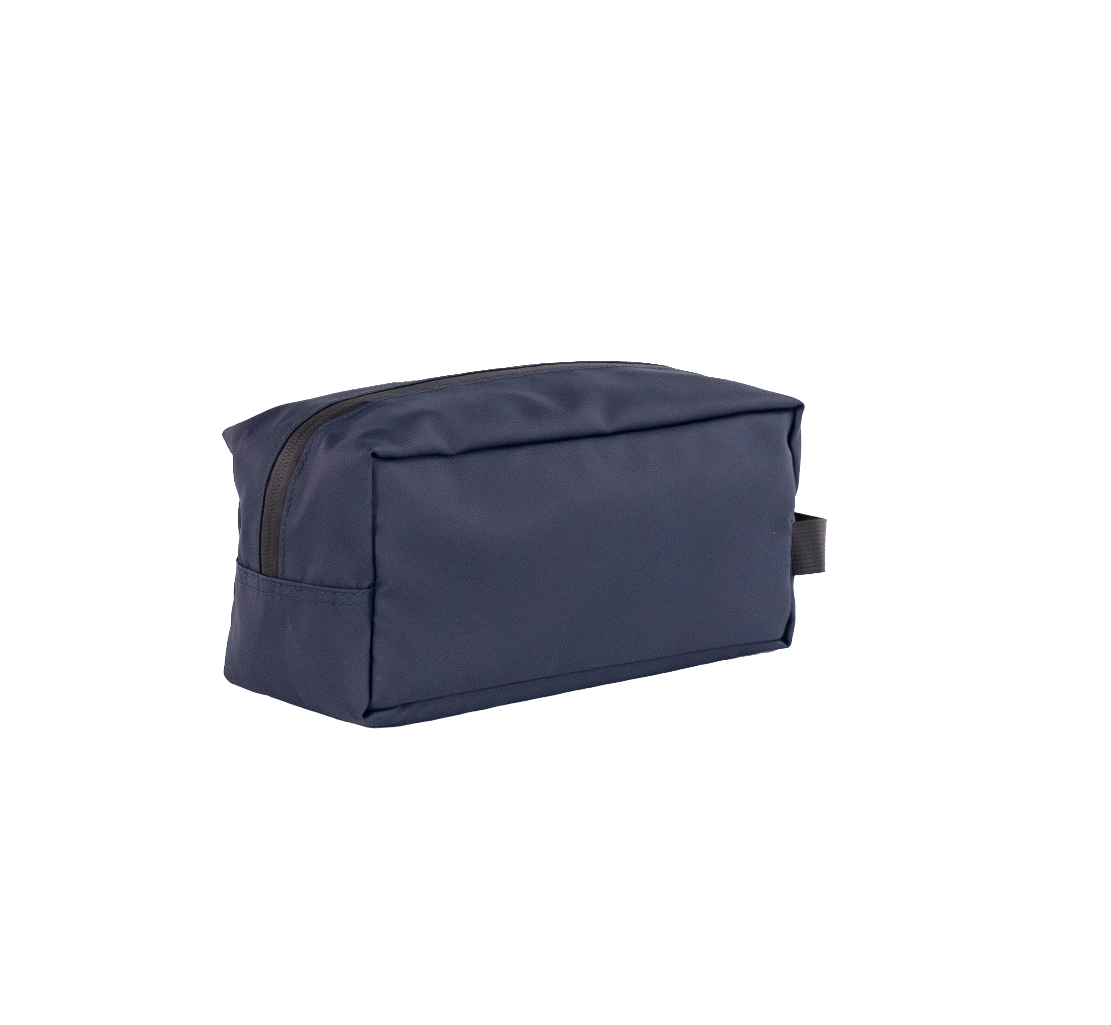 Una bolsa de viaje rectangular azul marino. Tiene cierre de cremallera y un pequeño asa negra lateral.