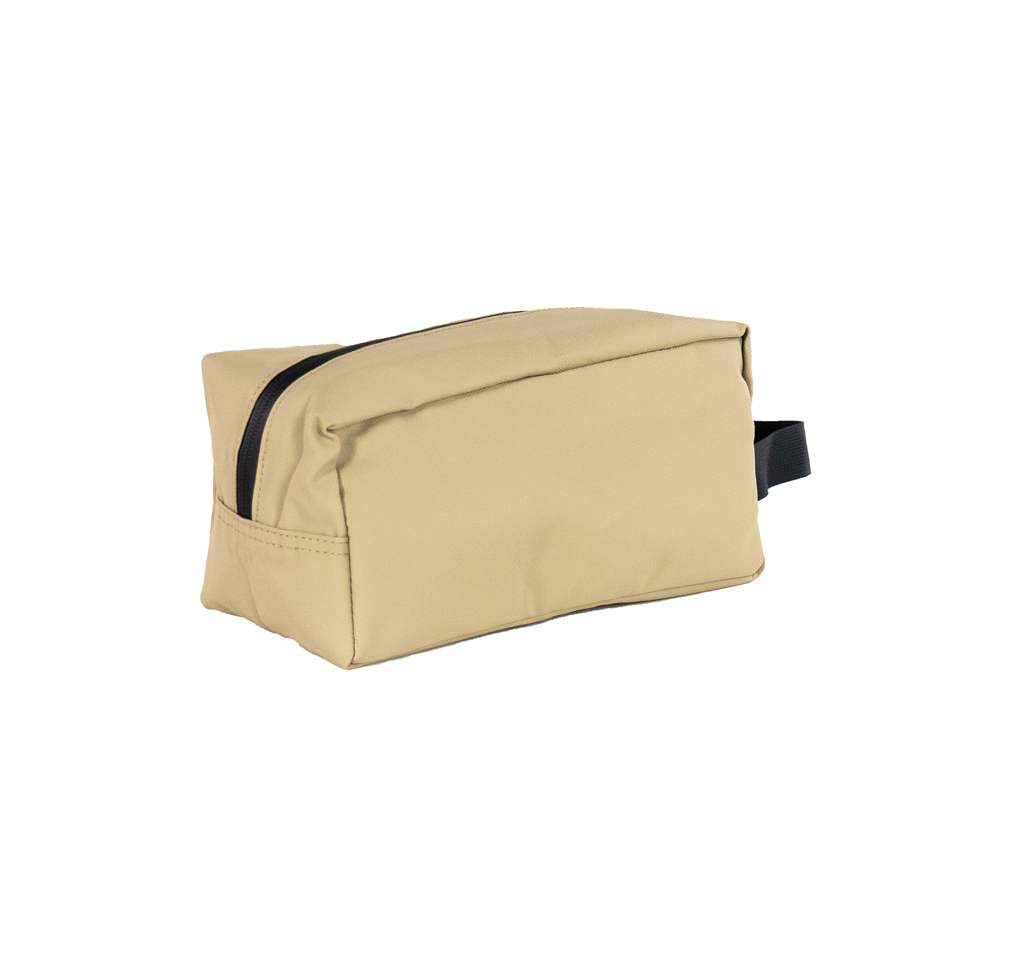 Bolsa de aseo rectangular beige con cremallera y asa negras, fondo negro.
