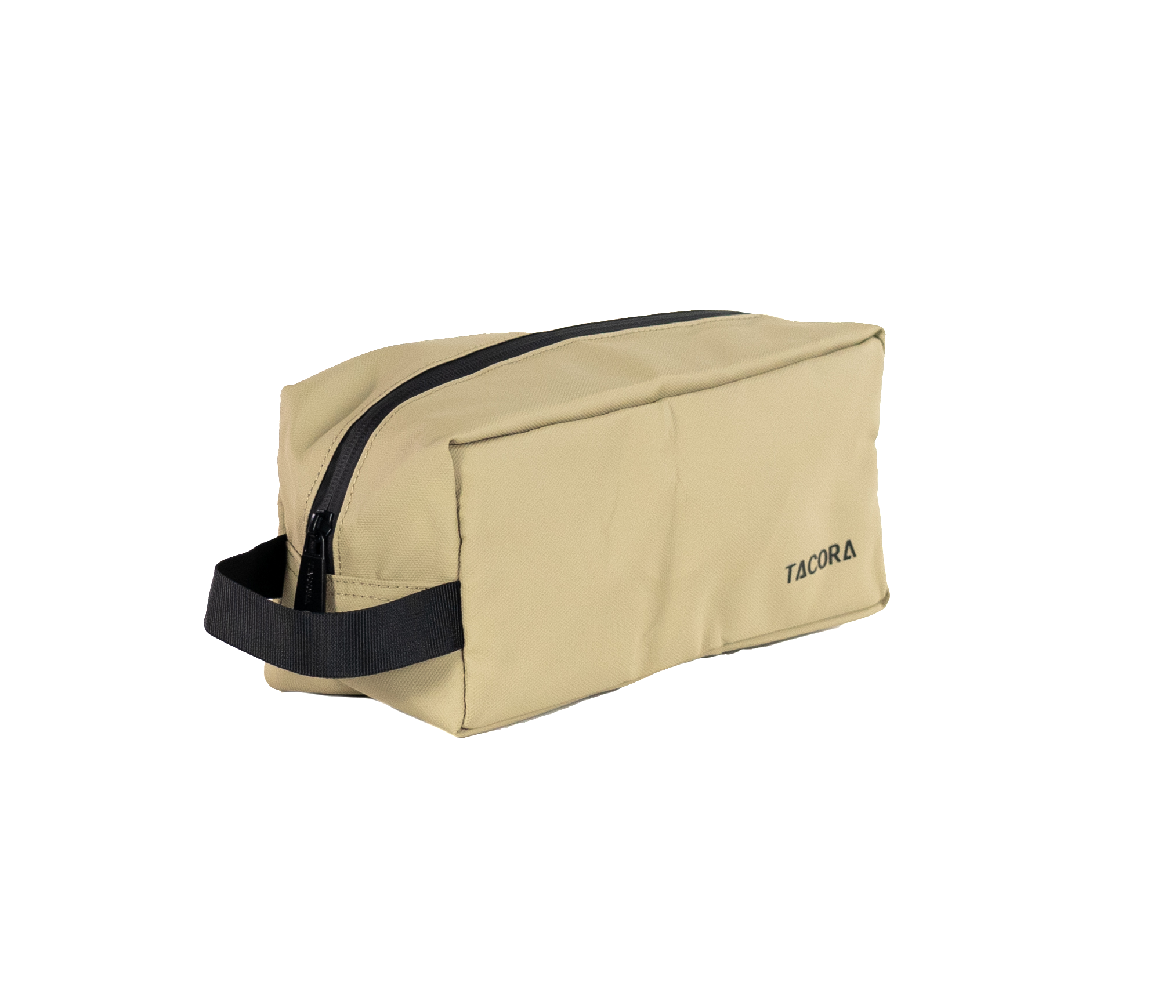Bolsa de viaje color beige con cremallera y asa negras, etiquetada 'TACORA'.