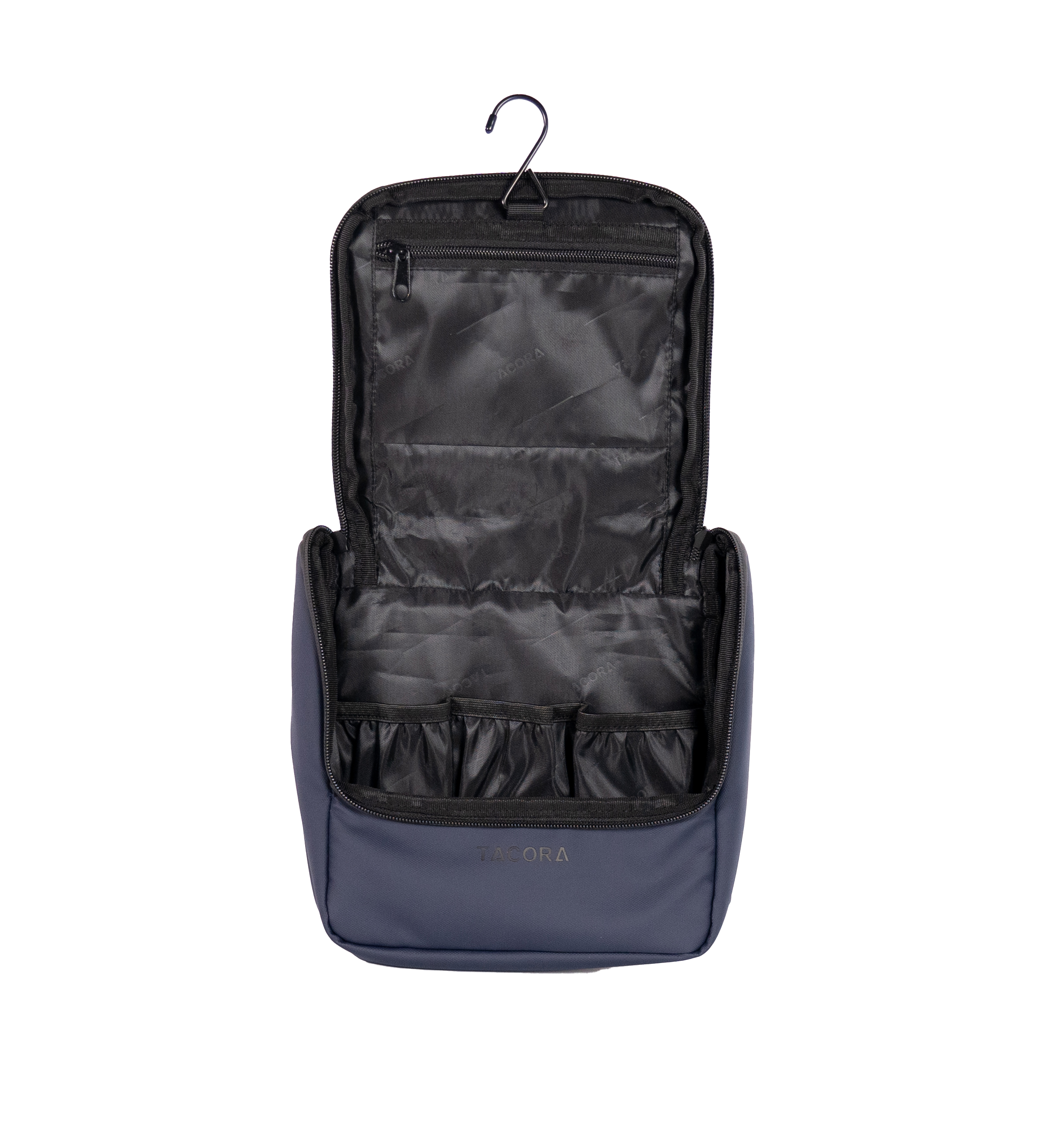 Bolsa de aseo colgante azul marino abierta, con múltiples compartimentos y un gancho negro.