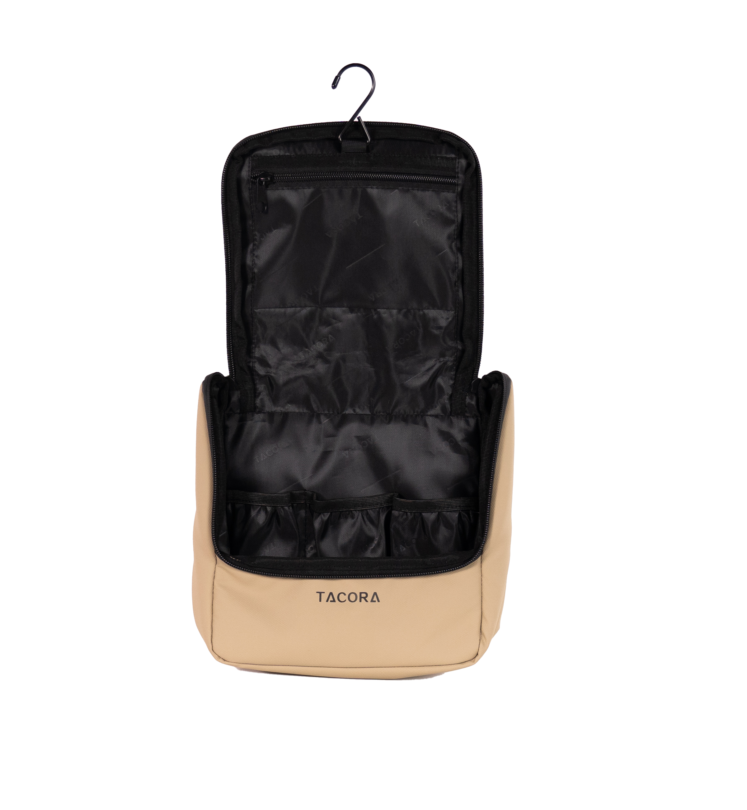 Un neceser beige abierto con interior negro, con un gancho. La bolsa tiene la palabra TACORA.