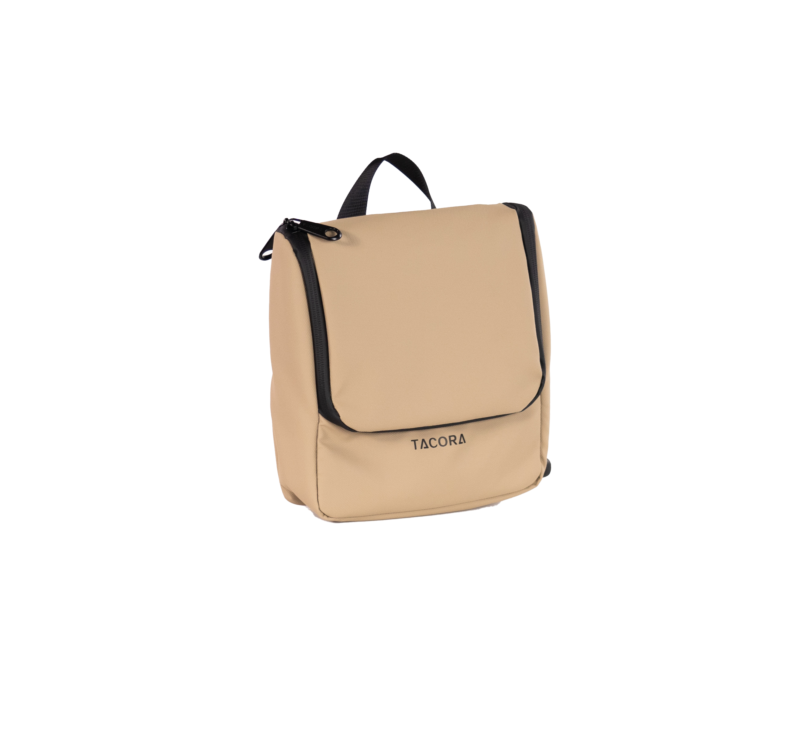 Bolso de viaje Tacora beige con asa y cremallera negras, sobre fondo negro.