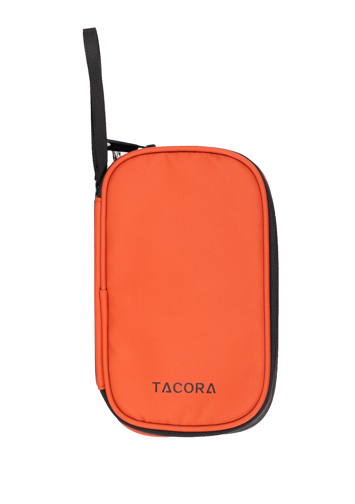 Estuche Tacora naranja. Cremallera y ribete negros. Asa vertical arriba. Forma rectangular.
