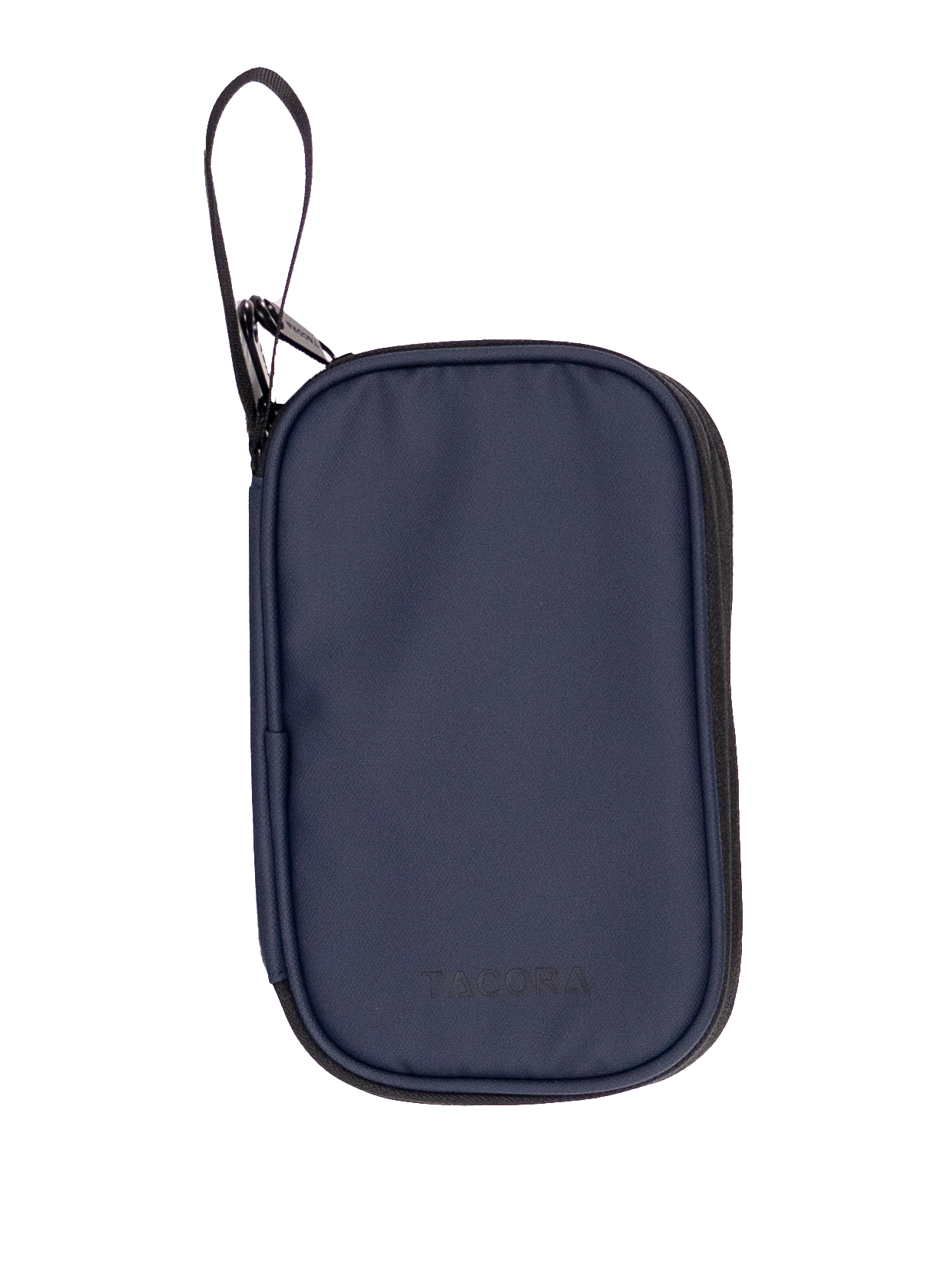 Una bolsa TACORA azul oscuro con cremallera y lazo, sobre fondo negro.