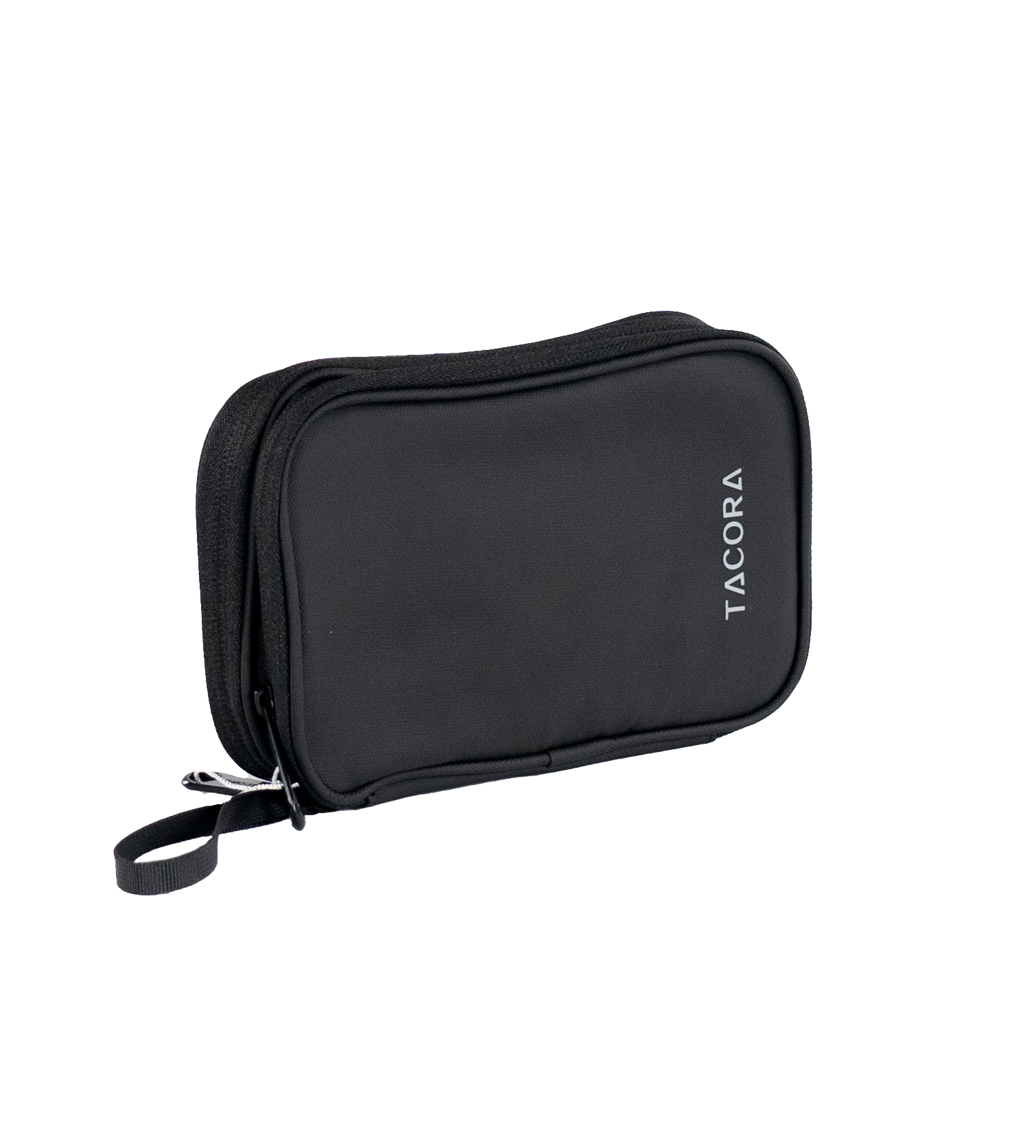 Una funda negra Tacora con cremallera y asa pequeña, sobre un fondo oscuro.