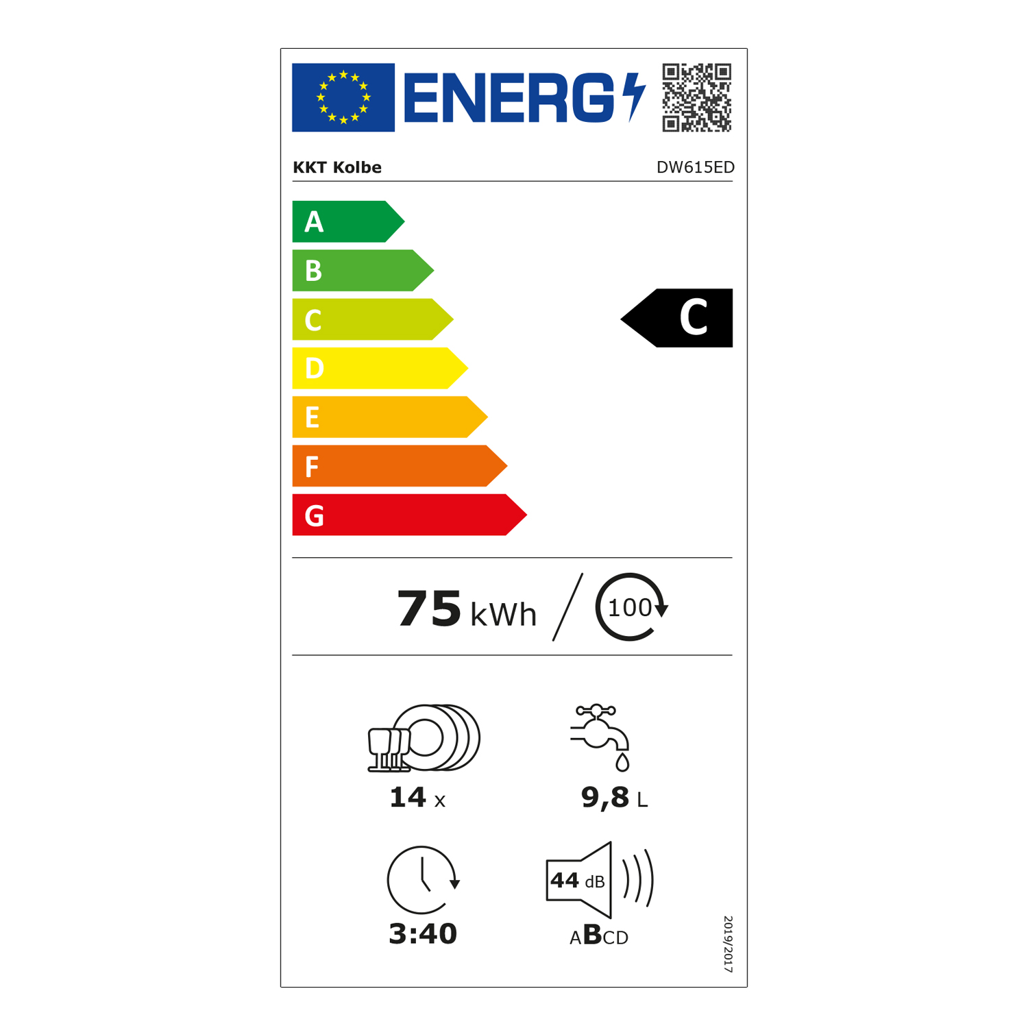 Energielabel für einen Geschirrspüler, das Energieeffizienzdetails anzeigt.