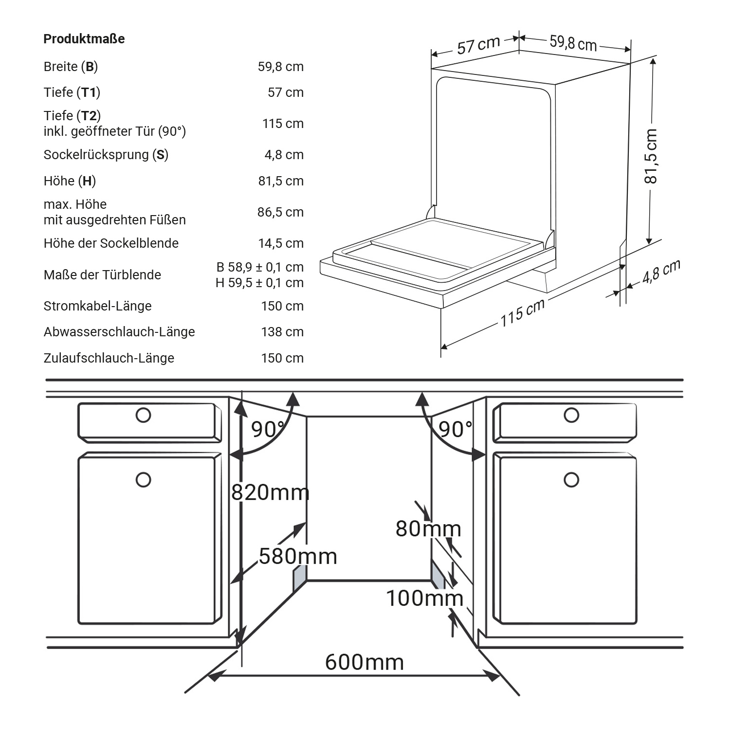 Diagramm eines Geschirrspülers mit Abmessungen und Maßen für die Installation, einschließlich Höhe, Breite und Tiefe.