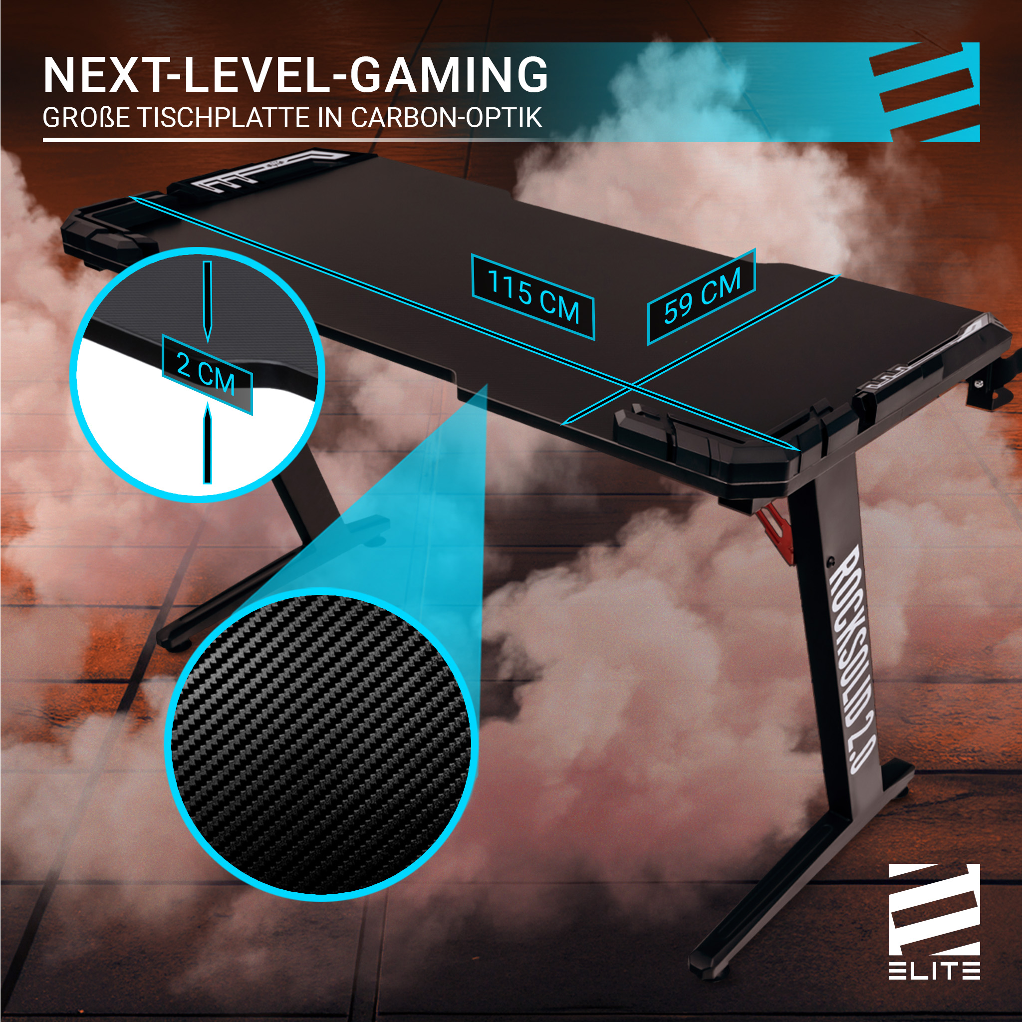 Ein schwarzer Gaming-Schreibtisch mit den Maßen: 115 cm x 59 cm und einer Carbon-Optik-Oberfläche.