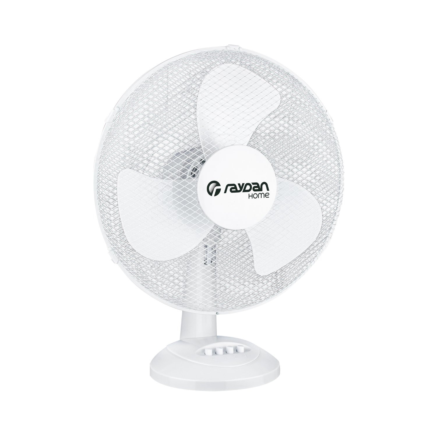 Ventilador de escritorio Raydan Home blanco sobre fondo blanco.