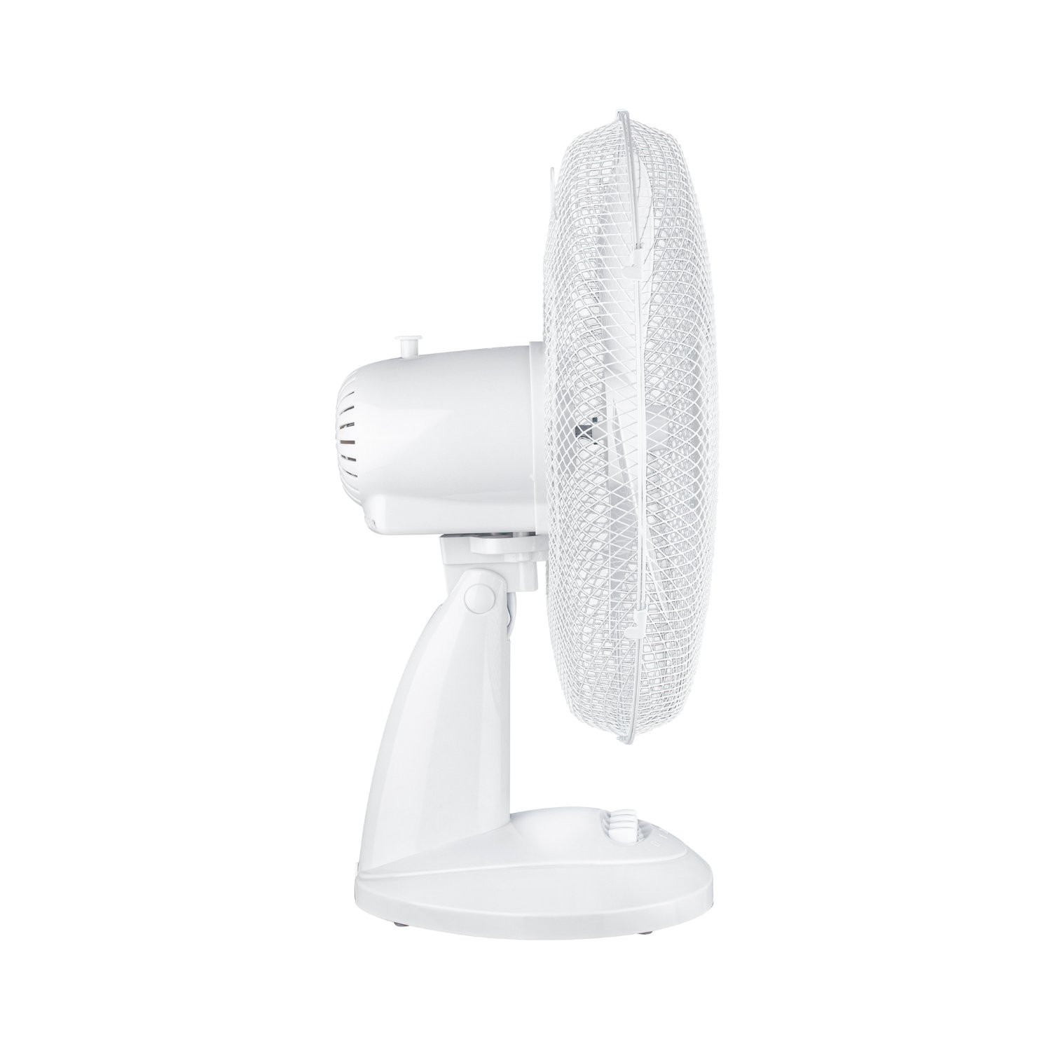 Ventilador eléctrico blanco, vista lateral, con base blanca y rejilla protectora.