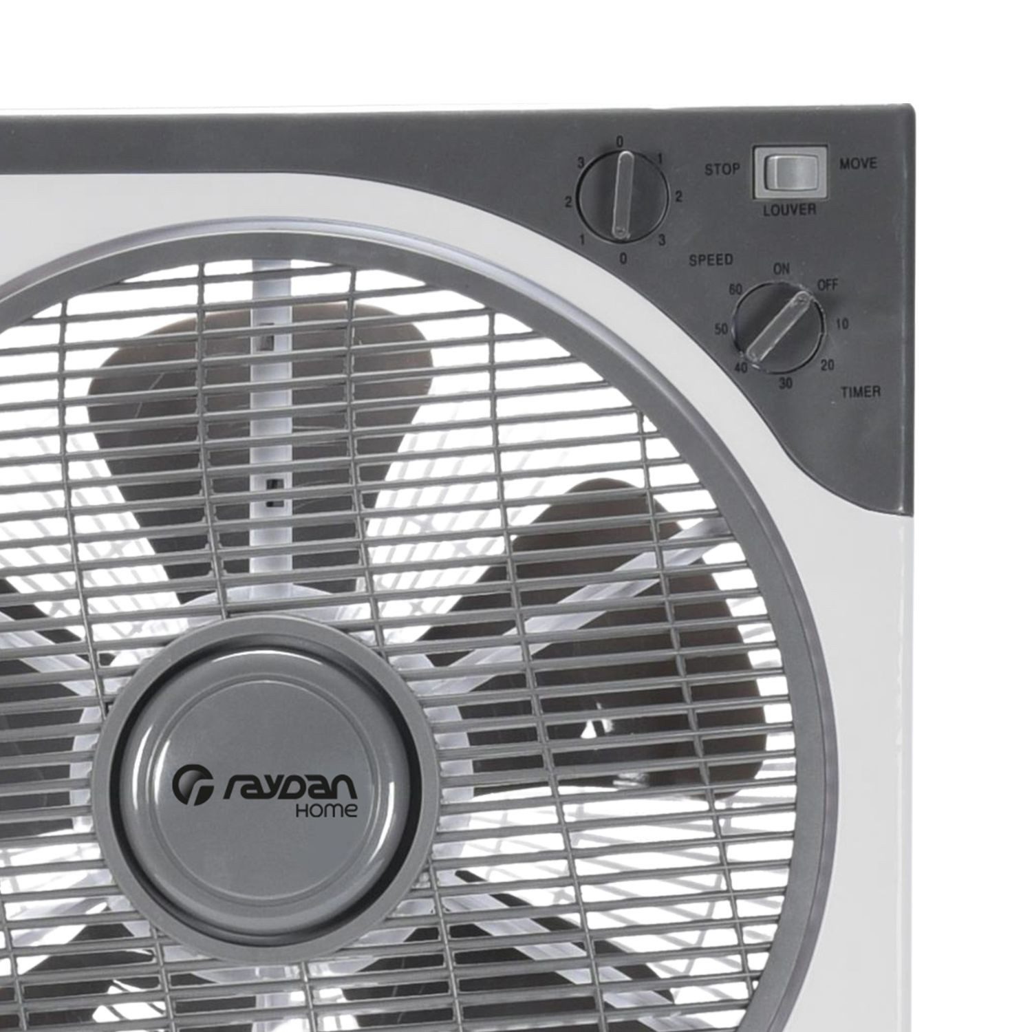 Ventilador de caja, blanco y gris. El frente tiene una rejilla y controles. El logotipo de Raydan Home es visible.