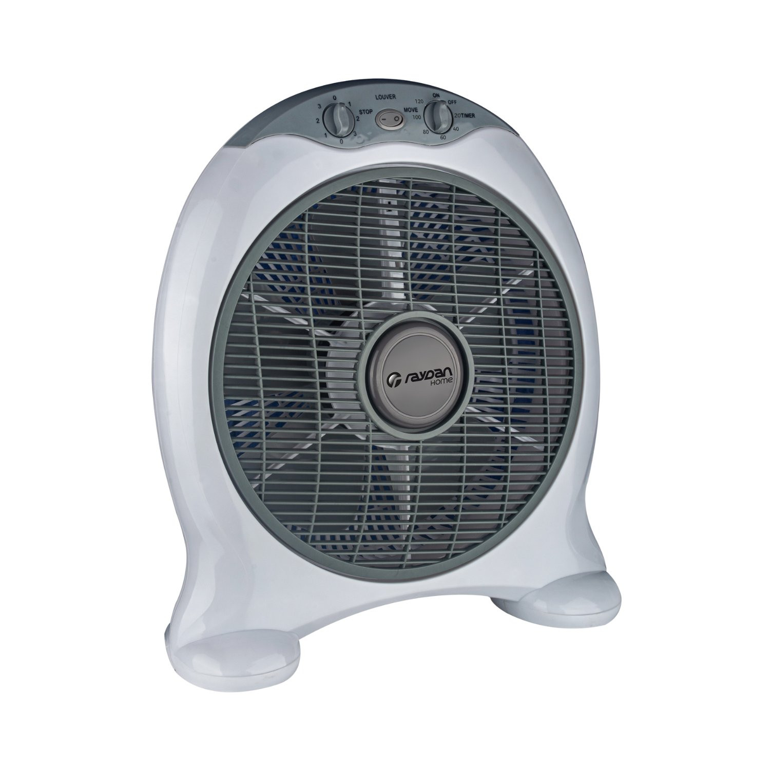 Un ventilador blanco y gris, con un diseño circular y aspas grises.