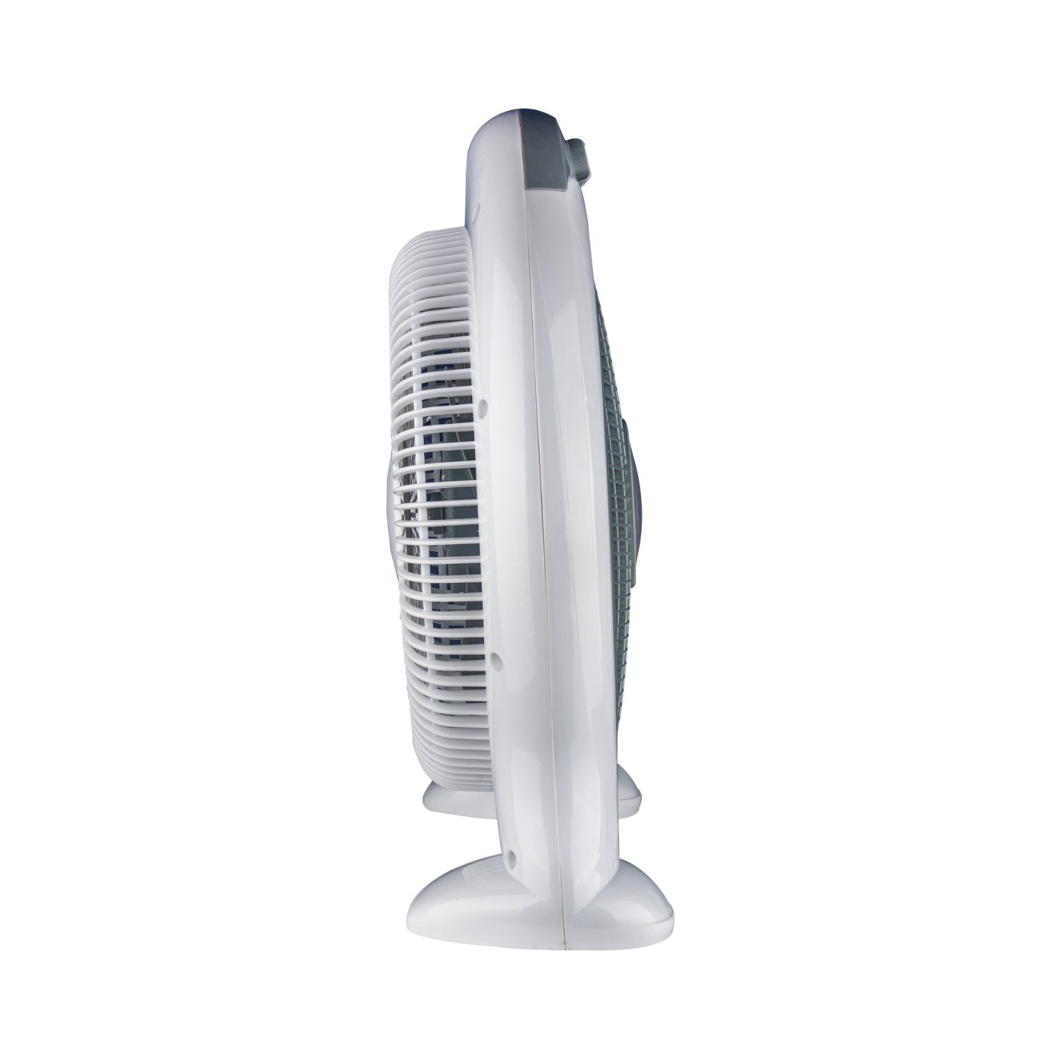 Ventilador eléctrico blanco, vista lateral. El ventilador es blanco, con base y rejilla blancas.