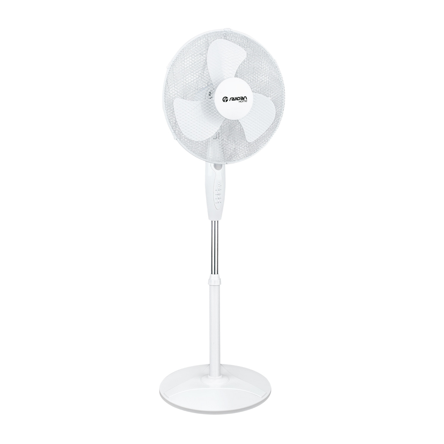 Un ventilador de pie blanco con tres aspas. Fondo blanco.