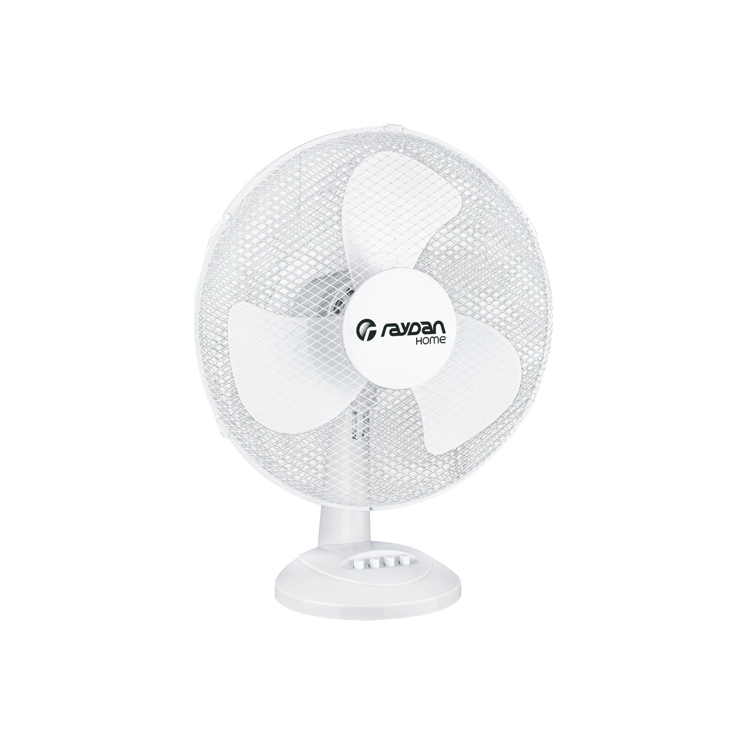 Ventilador blanco Raydan Home con tres aspas sobre una base blanca. El fondo es blanco liso.