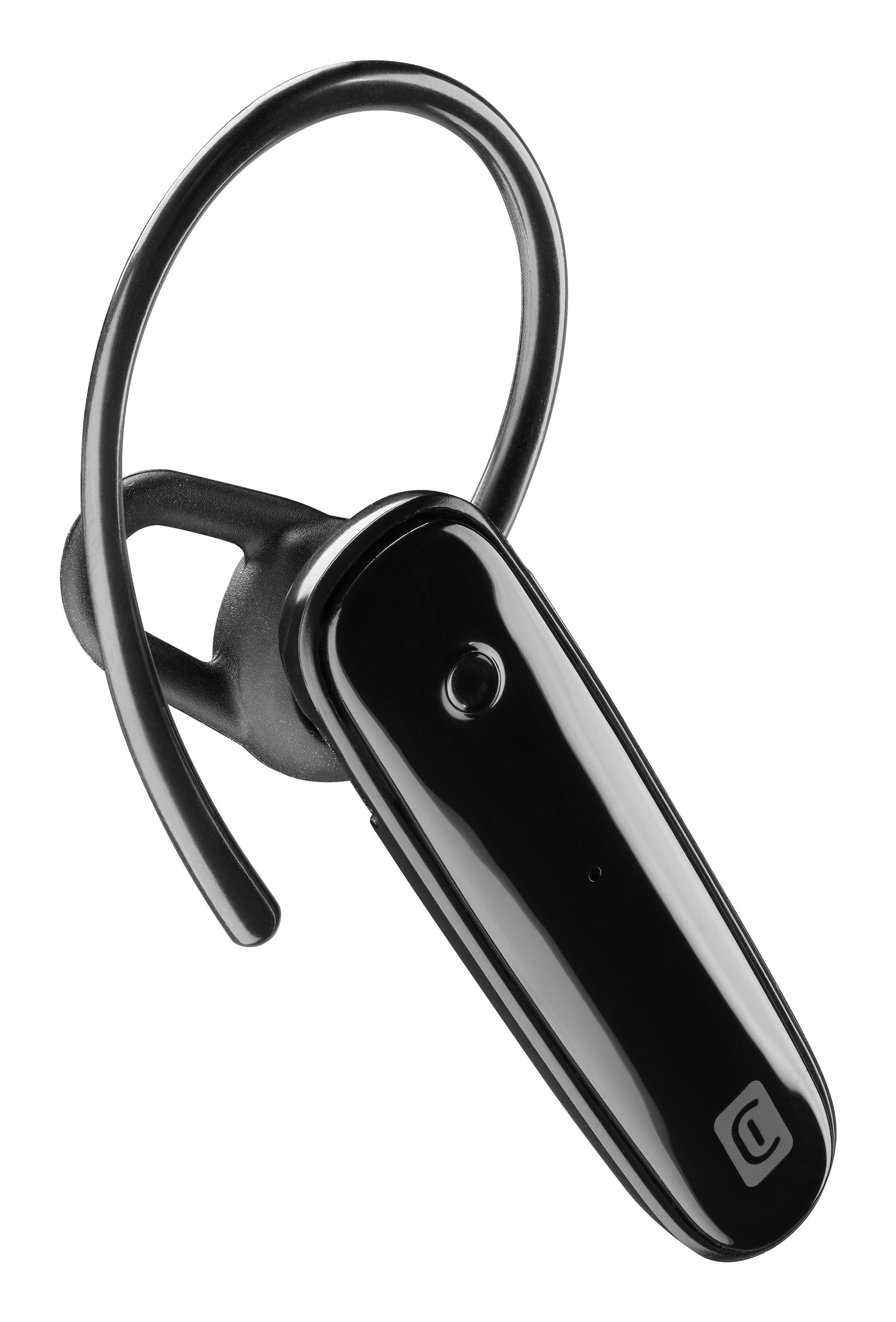 Czarny zestaw słuchawkowy Bluetooth z zakrzywionym haczykiem na ucho i długim, czarnym ramieniem mikrofonu.