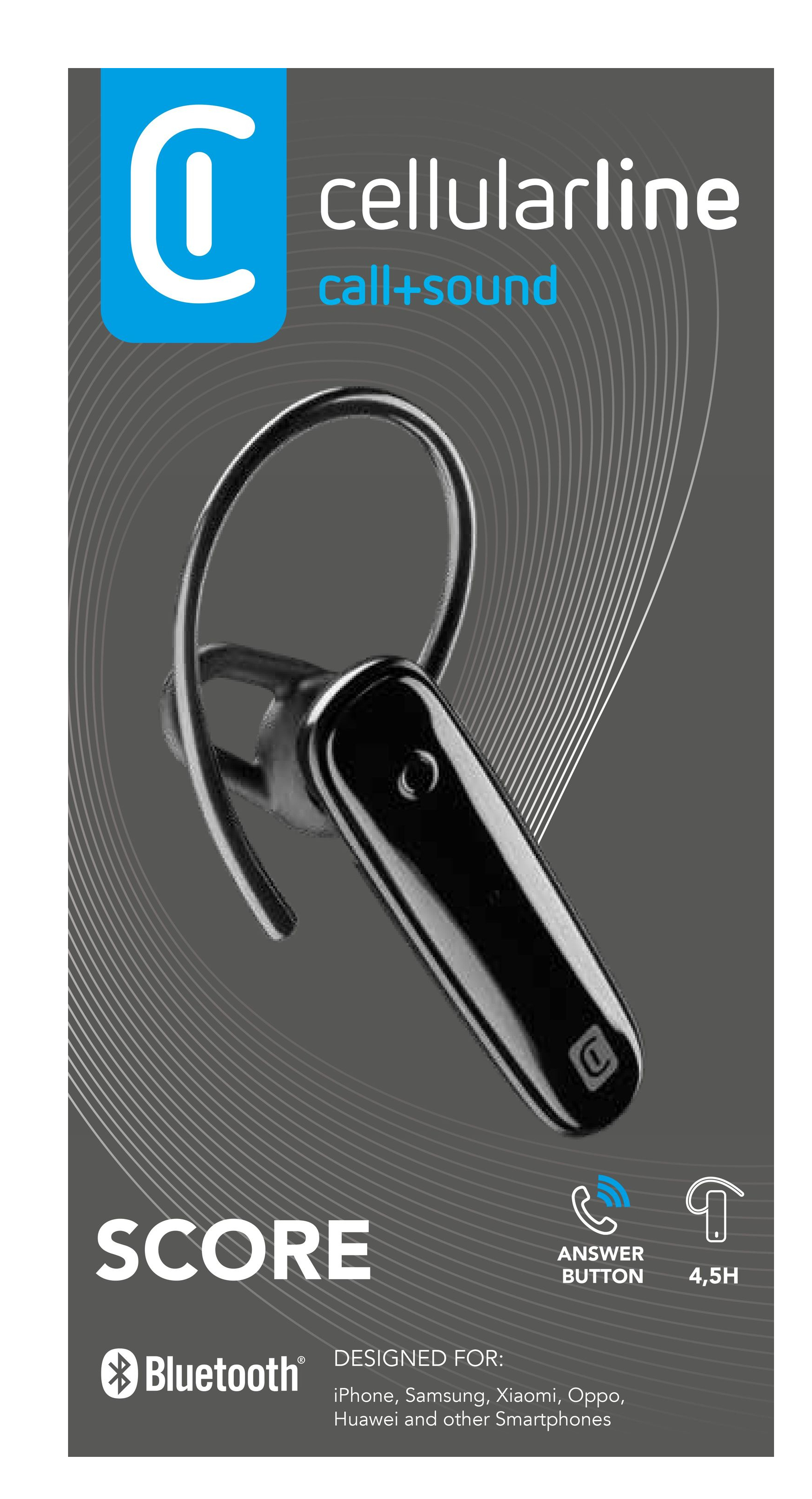 Czarny zestaw słuchawkowy Bluetooth na szarym tle, z niebieskim i białym logo cellularline.