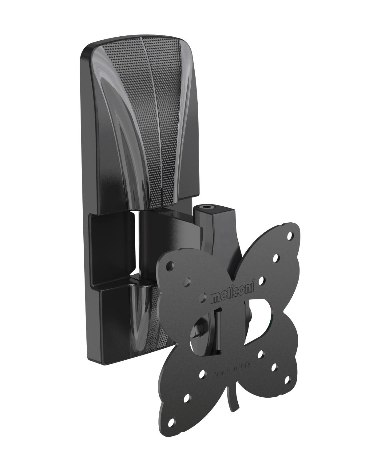 Schwarze TV-Wandhalterung mit schmetterlingsförmiger Montageplatte und gebogenem Arm, hergestellt in Italien.