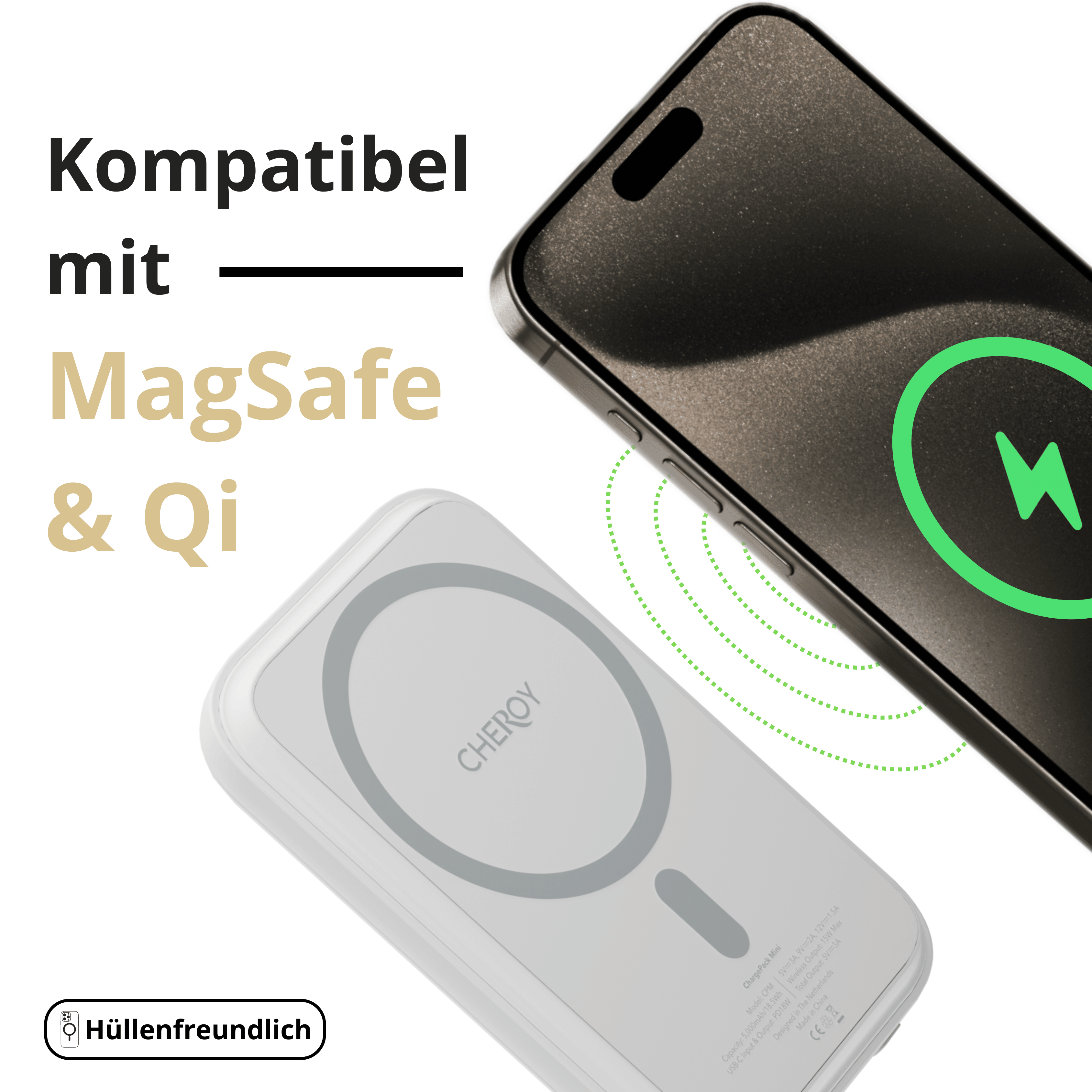 Weißes kabelloses Ladepad mit einem Telefon darauf, das ein Ladesymbol zeigt.