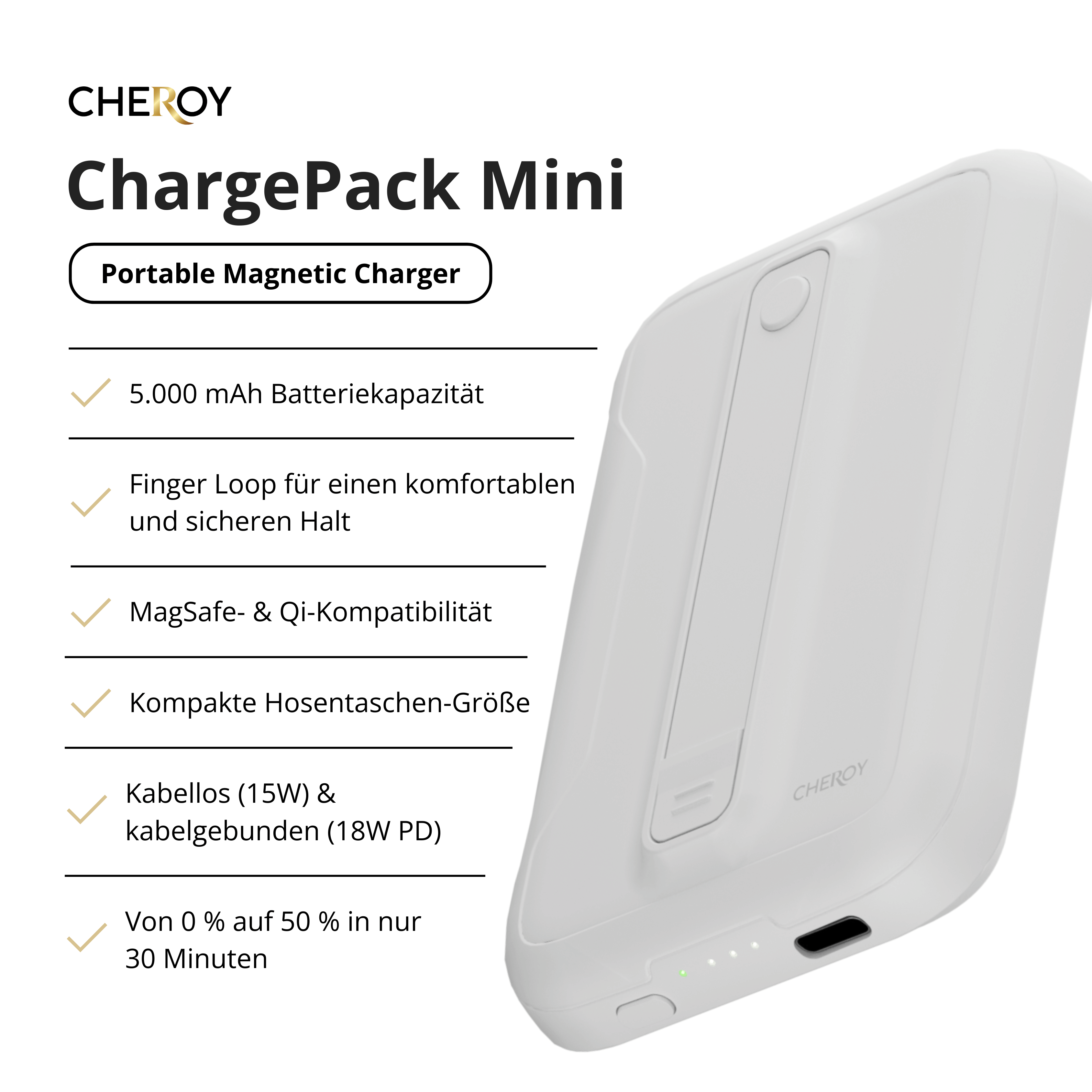 Ein weißes Cheroy ChargePack Mini, ein tragbares magnetisches Ladegerät mit Text.