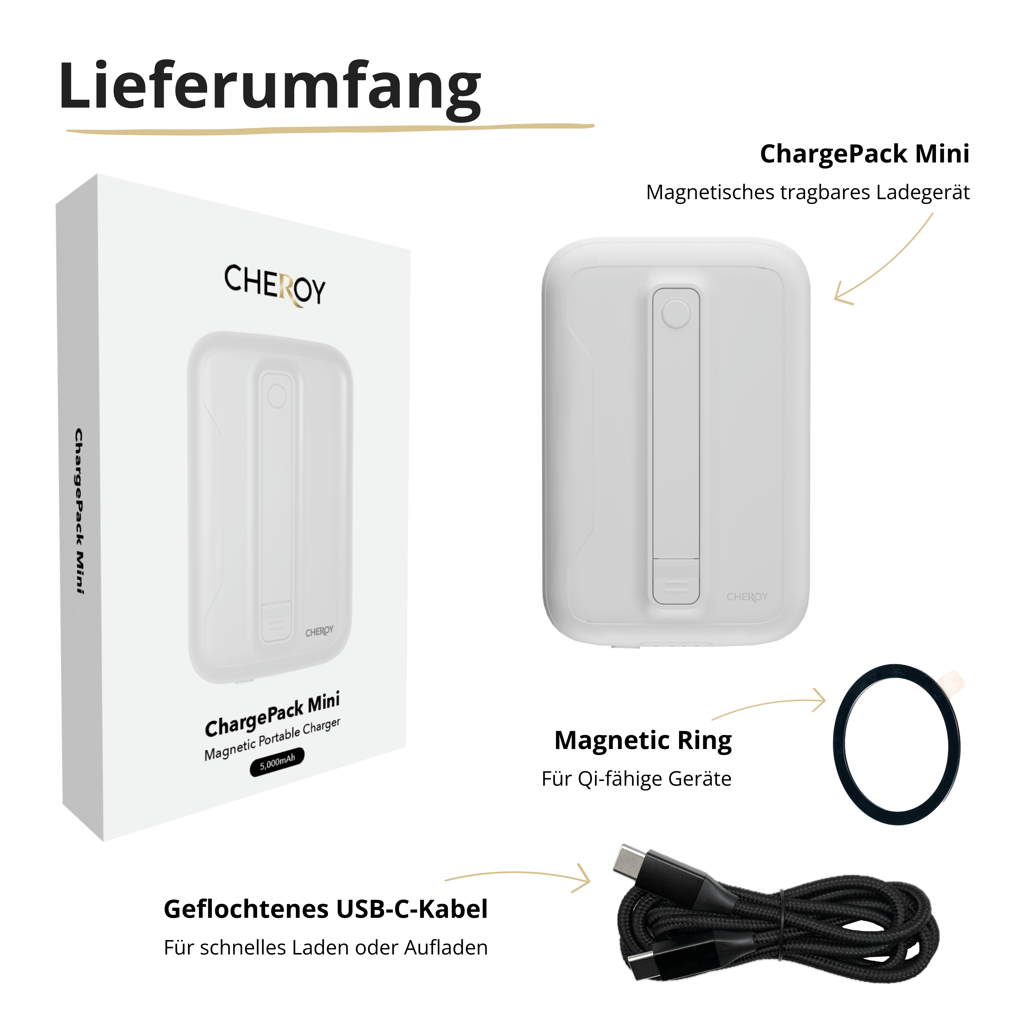 Ein weiß-schwarzes tragbares Ladegerät-Set mit Kabel und Magnetring.