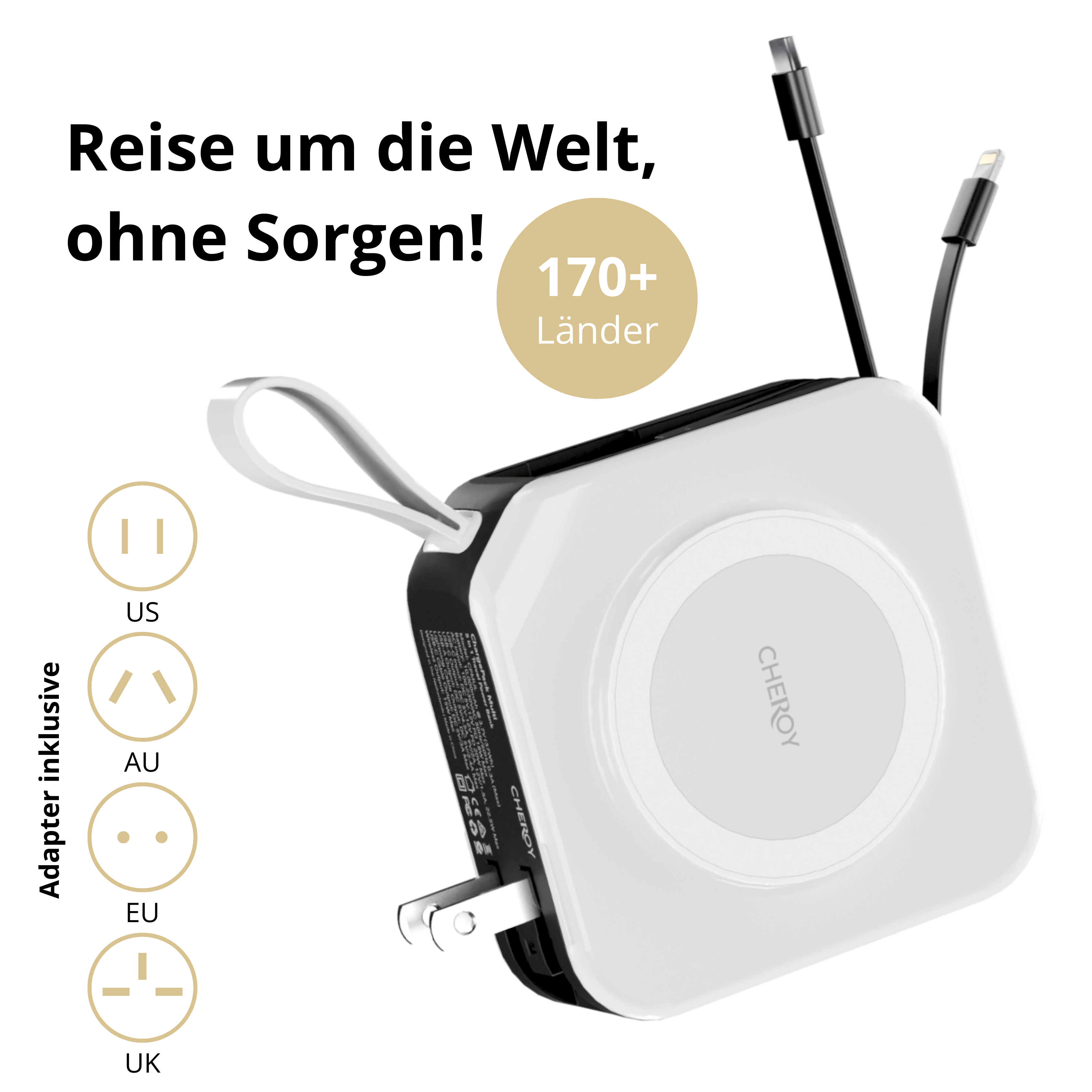 Weißes Ladegerät mit Adaptern und Kabeln. Text: Bereise die Welt ohne Sorgen! 170+ Länder.