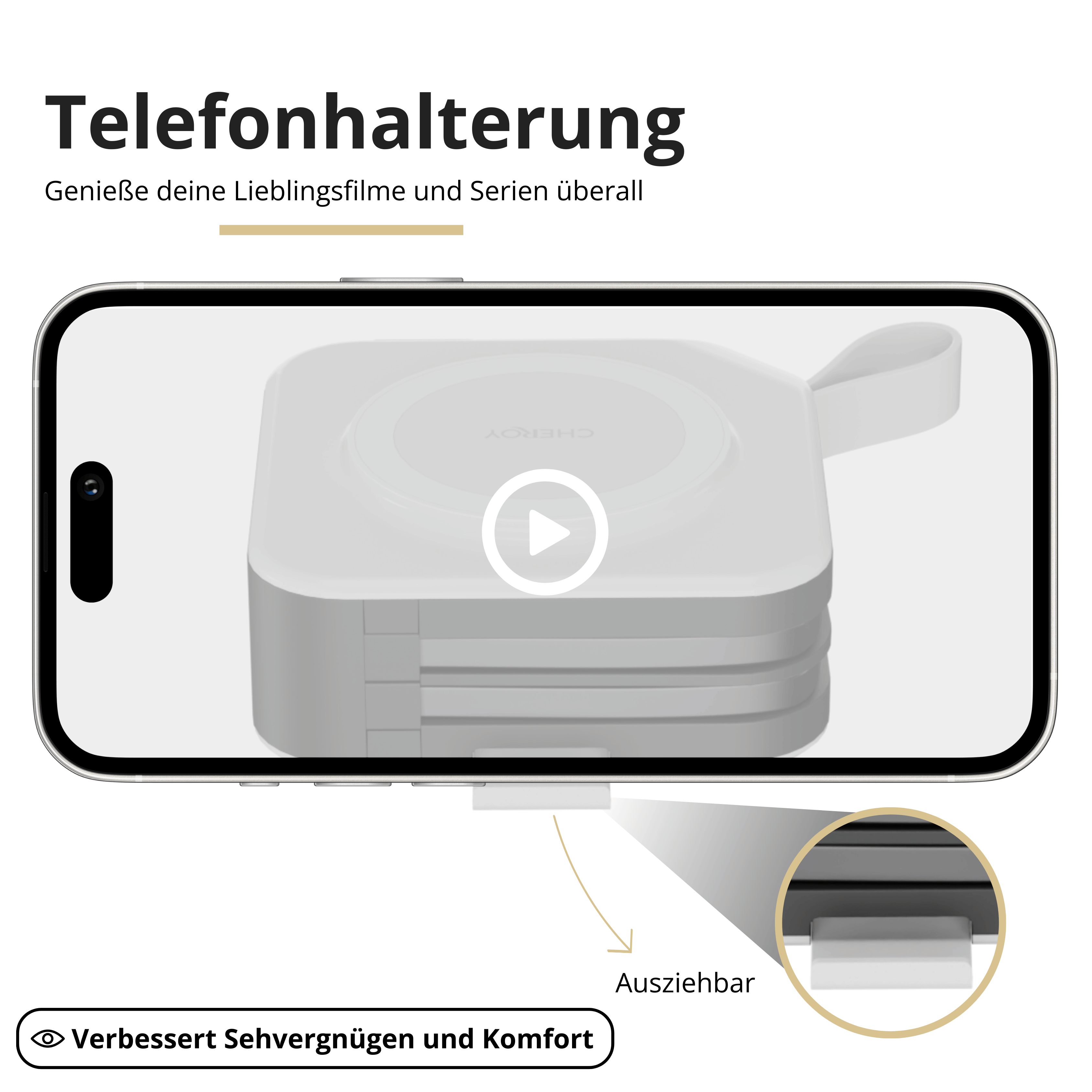 Ein Smartphone zeigt ein Video mit dem Text „Telefonhalterung“. Ein kleiner Teil des Telefons ist ausgezogen.