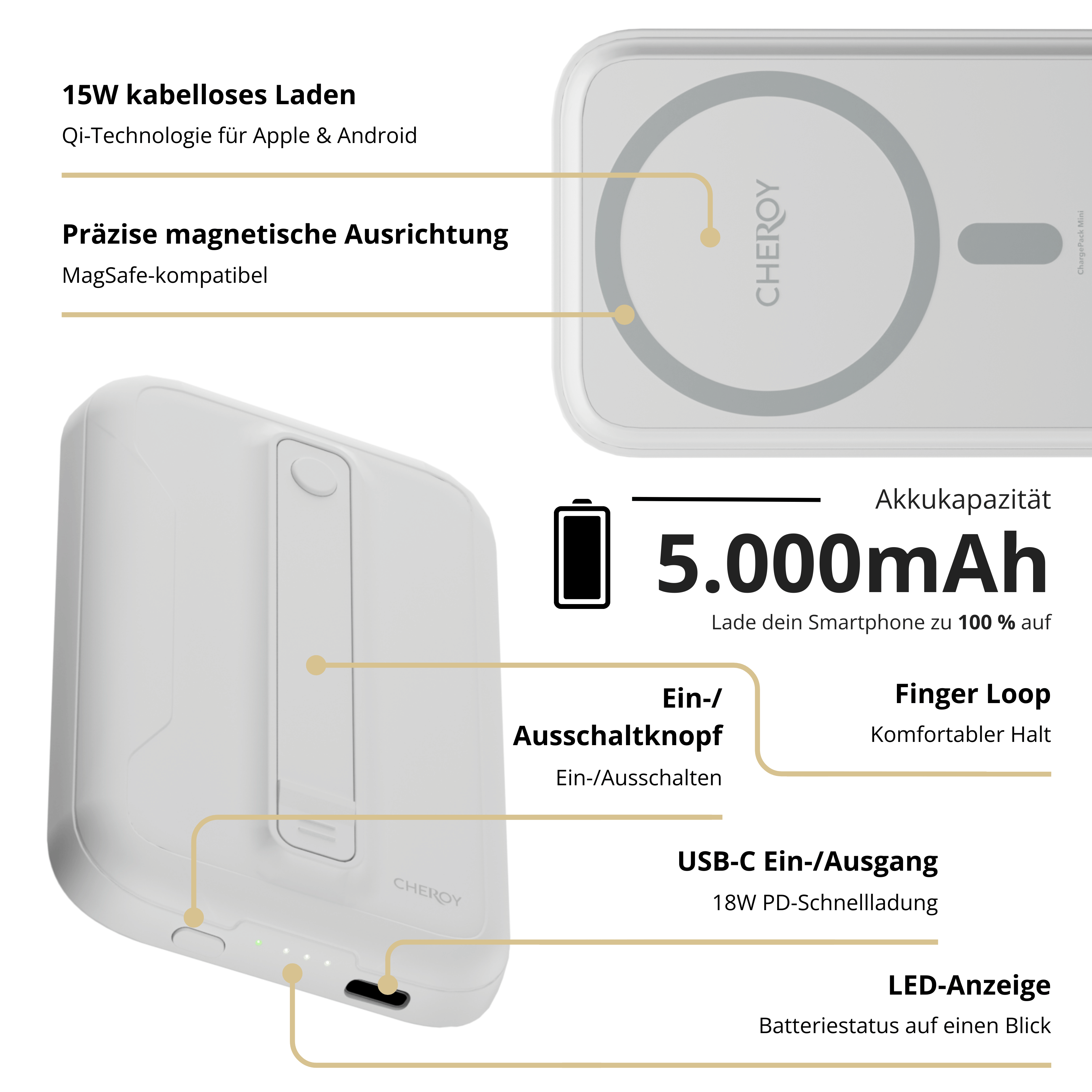 Weiße Powerbank mit Display, 100% anzeigend.