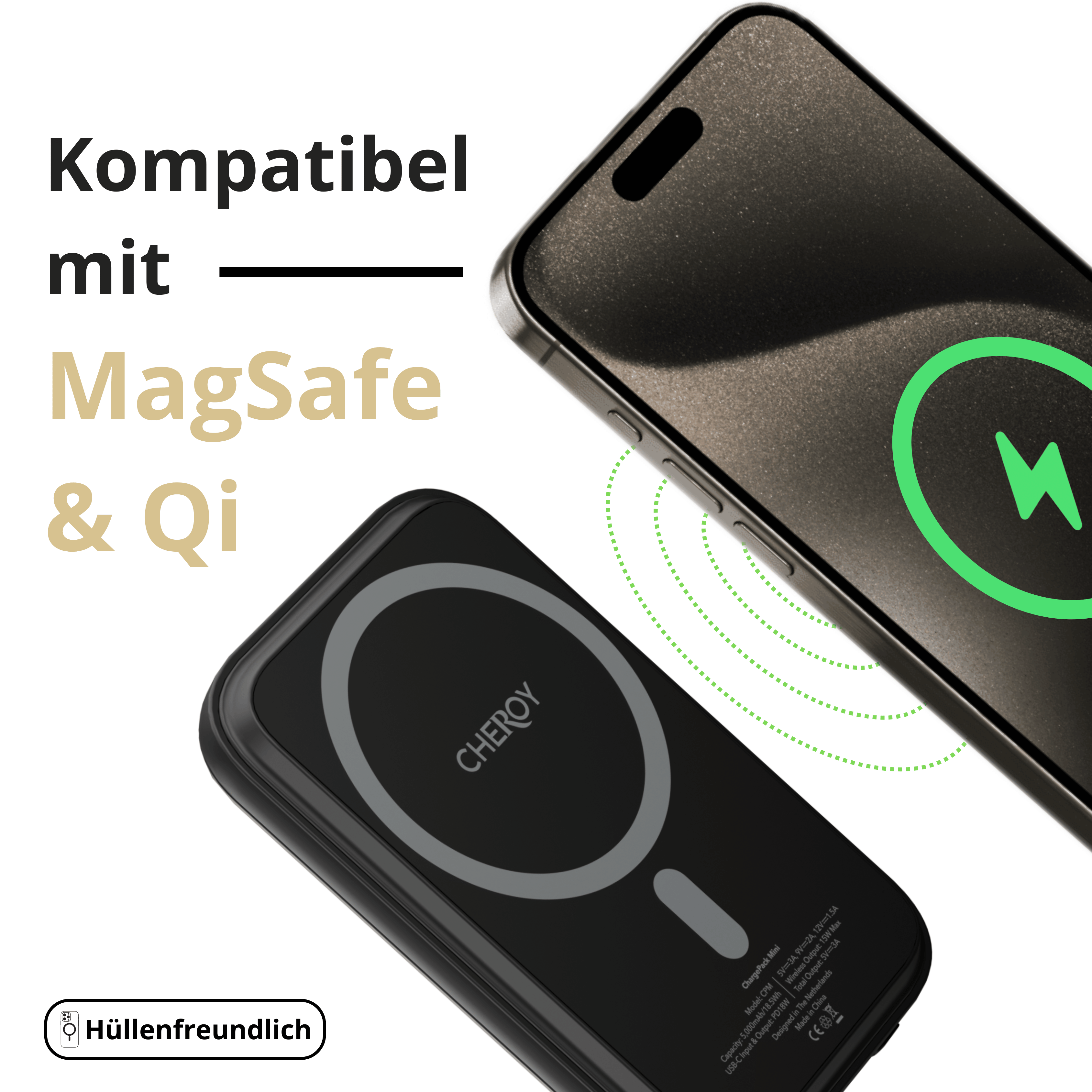 Schwarzes kabelloses Ladegerät und Telefon. Das Telefon hat ein grünes Ladesymbol. Text: MagSafe & Qi kompatibel.