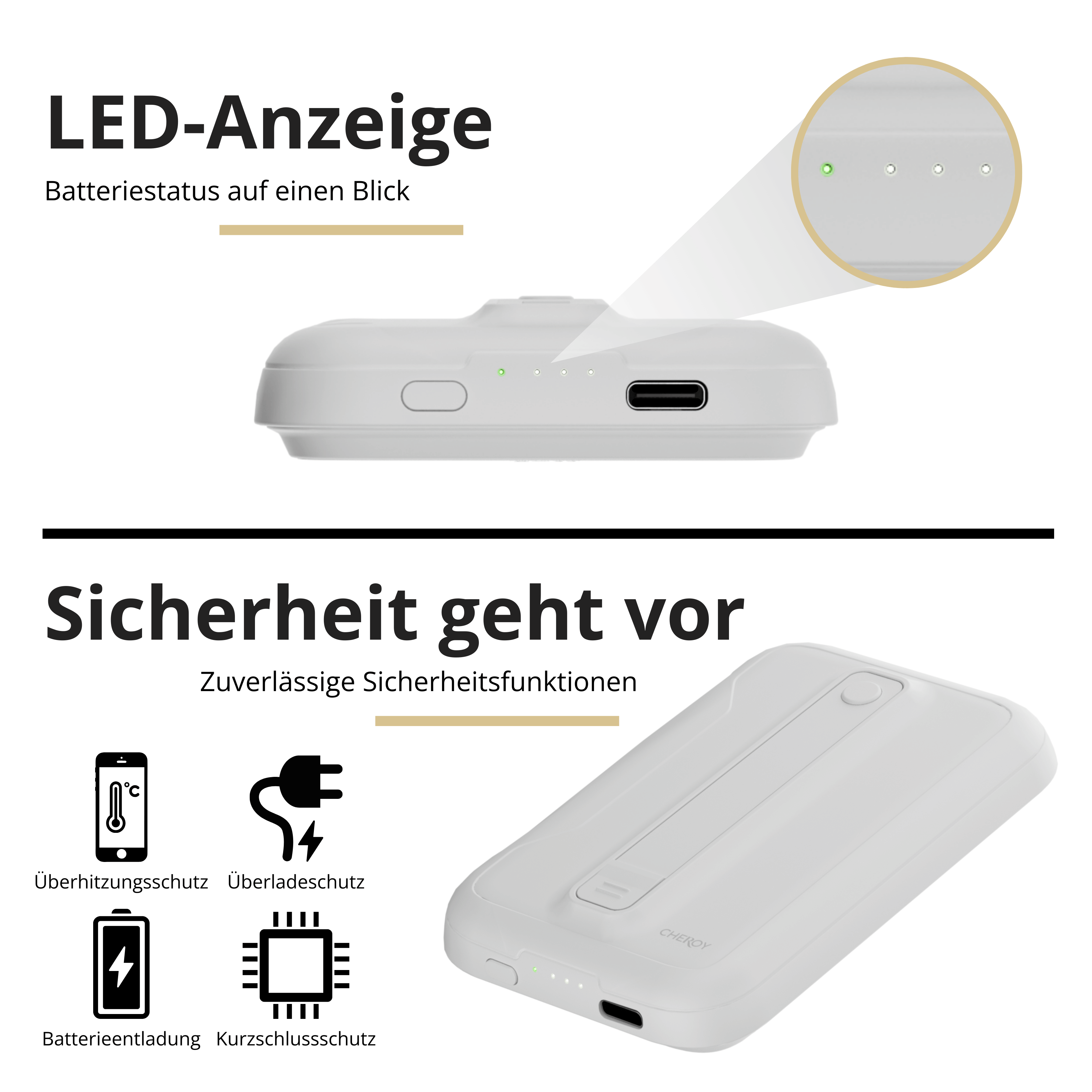 Weißes tragbares Ladegerät mit Etiketten. Draufsicht zeigt Akkustatus-LEDs. Unten Sicherheitsmerkmale.