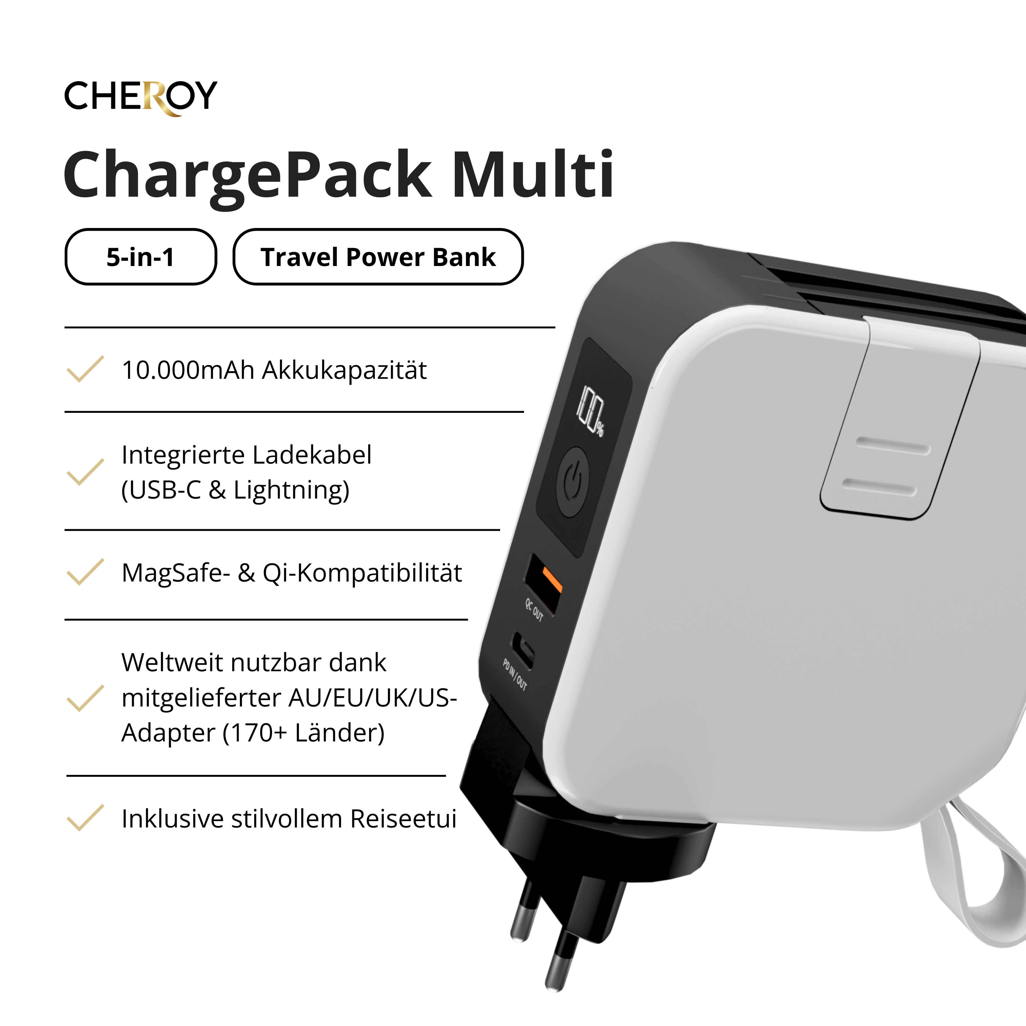 Weiß-schwarze ChargePack Multi Powerbank mit Details: 10.000mAh, integriertes Kabel, MagSafe-kompatibel.