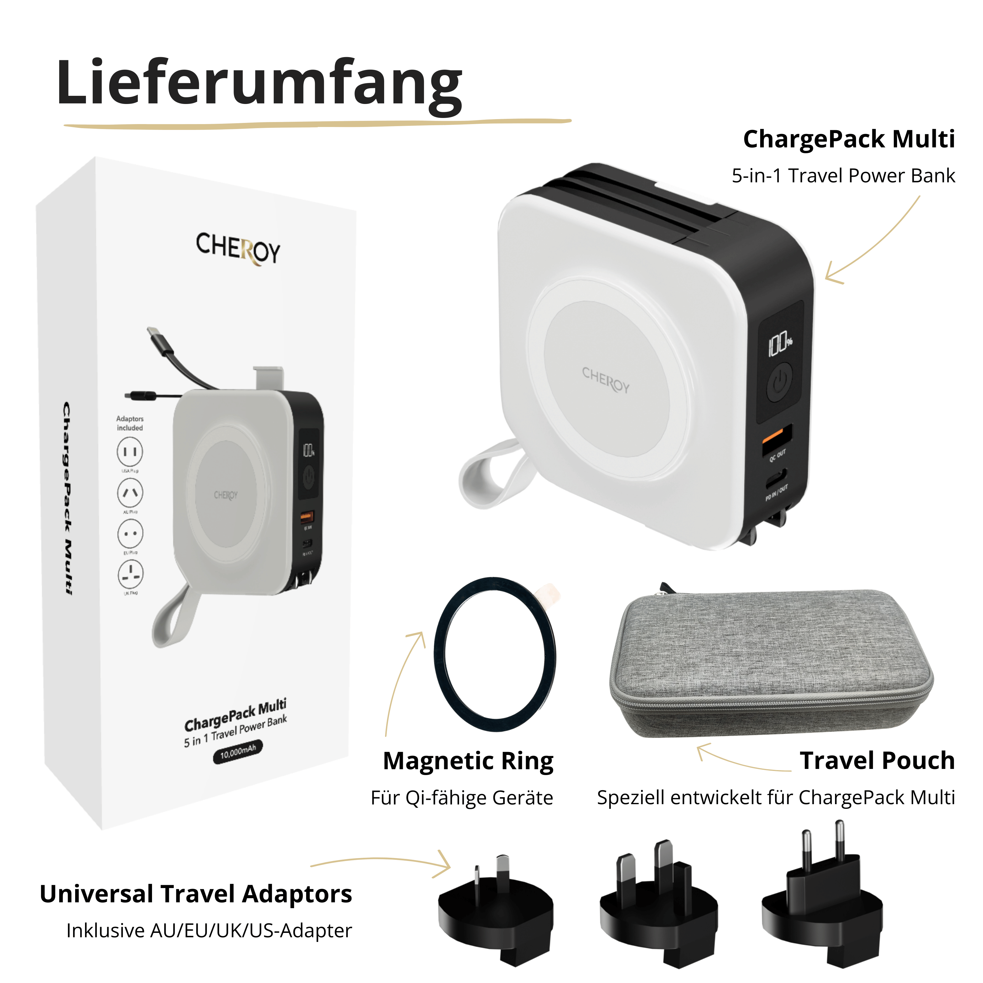 Weiße und schwarze Powerbank mit Zubehör. Enthält eine Reisetasche.