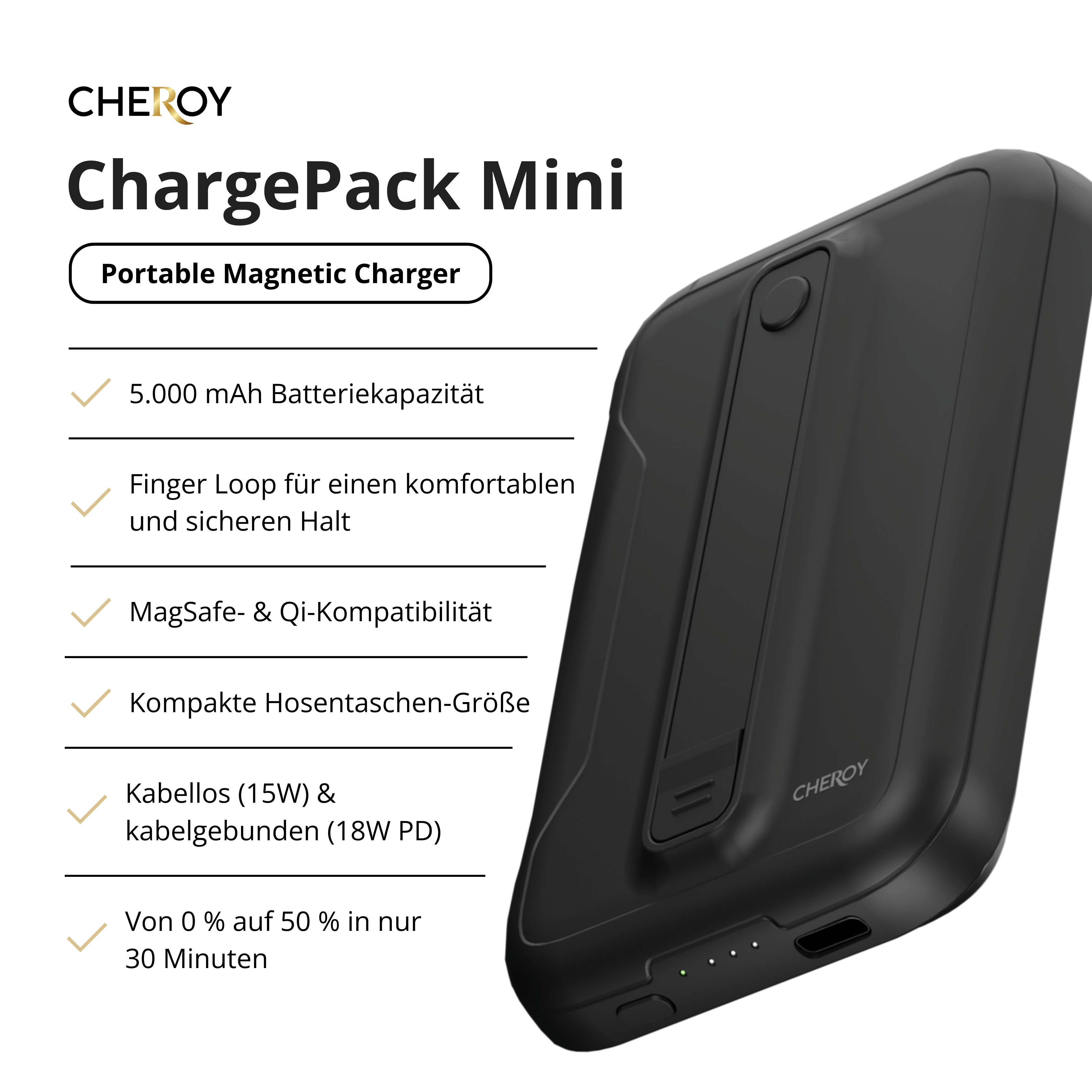 Ein schwarzes tragbares magnetisches Ladegerät mit Text und Symbolen auf weißem Grund.