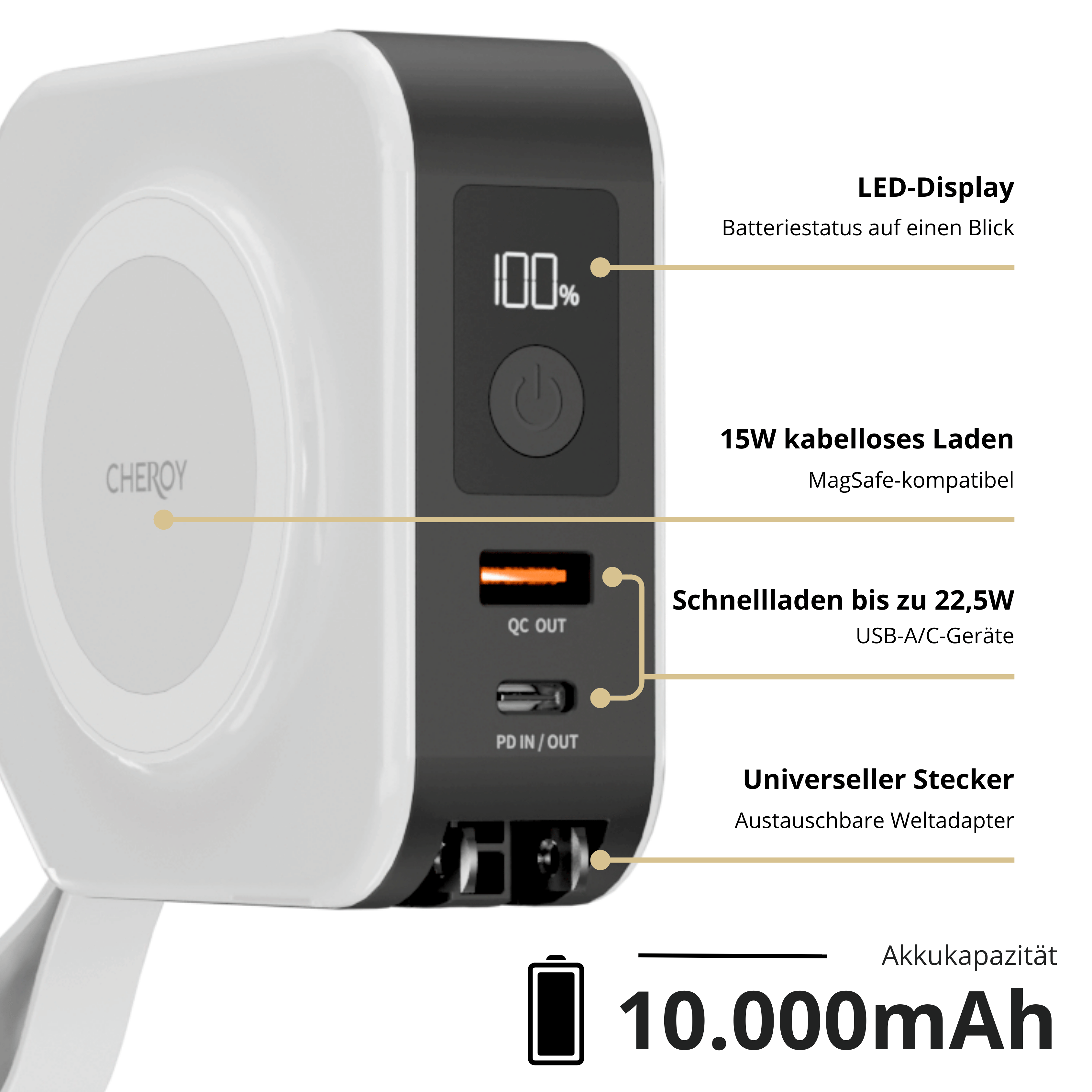 Schwarz-weiße Powerbank mit Text und Beschriftungen. Die Powerbank zeigt den Batteriestatus als 100% an.