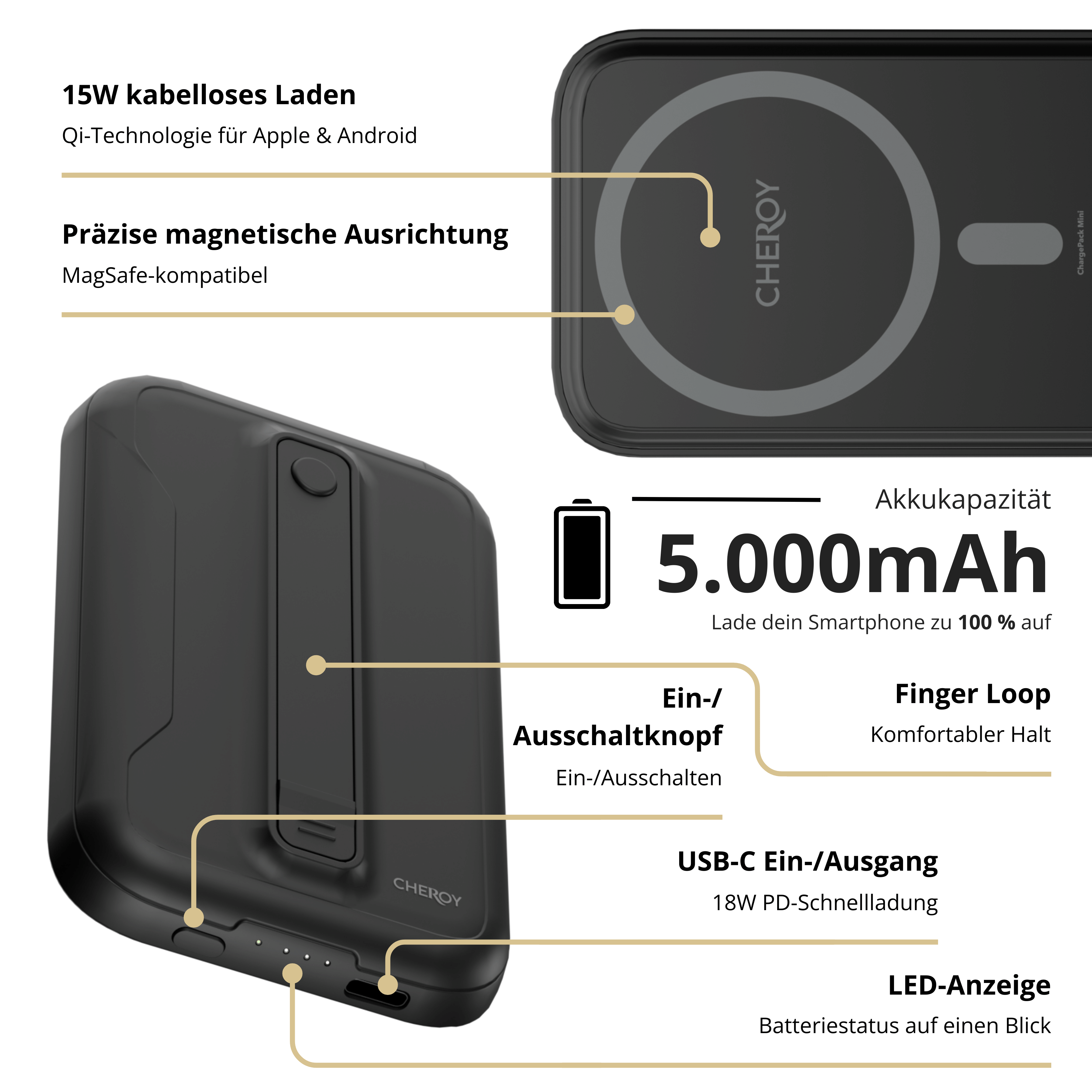 Schwarze Powerbank mit auf der Oberfläche beschrifteten Funktionen.