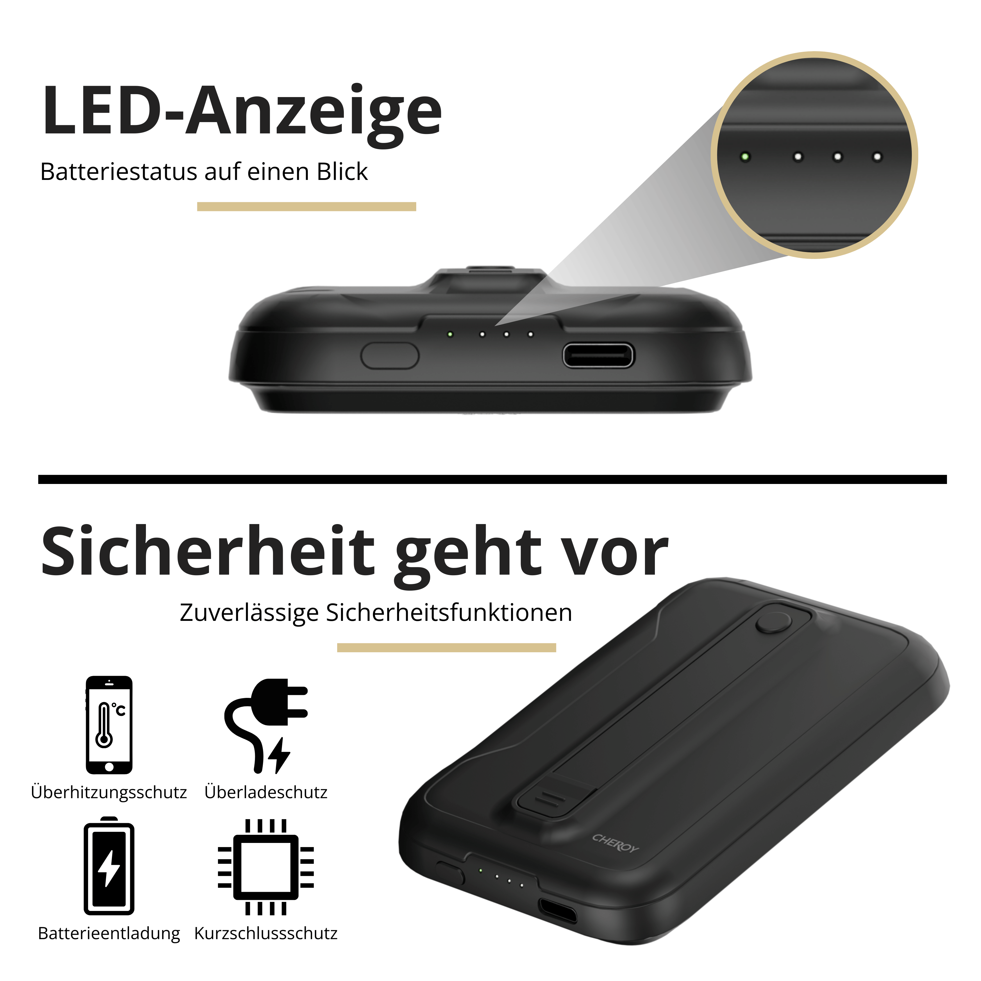 Schwarze Powerbank mit LED-Anzeige und Symbolen für Sicherheitsfunktionen, inkl. Überhitzung.