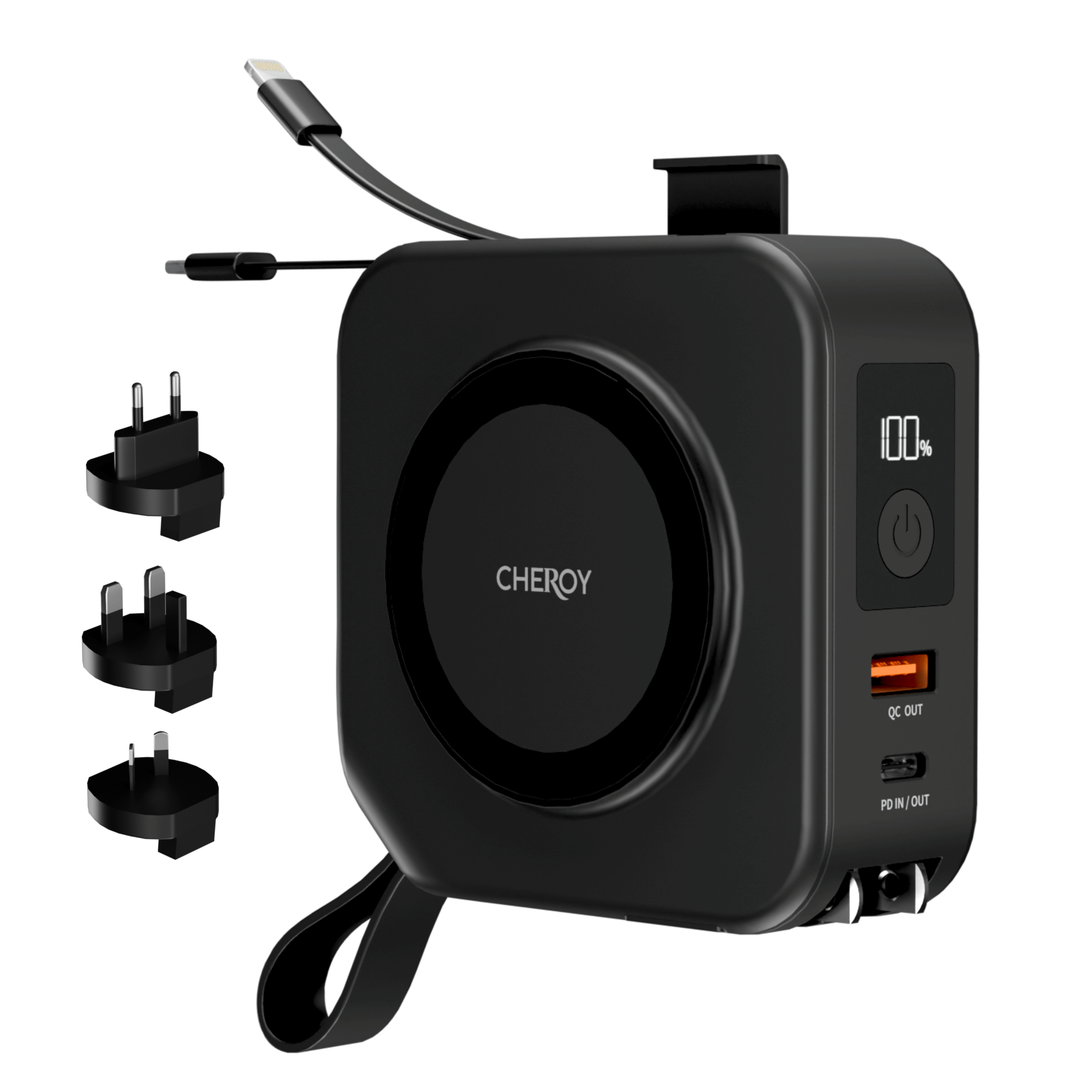 Eine schwarze Powerbank mit Kabel und drei verschiedenen Steckeradaptern. Es zeigt 100% Ladung.